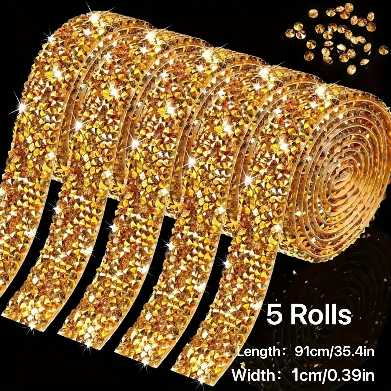 5 Rolls Glittering Rhinestone Trim with Backing, No Glue Needed, Ideal for Wedding Dresses, Jewelry Making, DIY Crafts, Party, Holiday Decorations