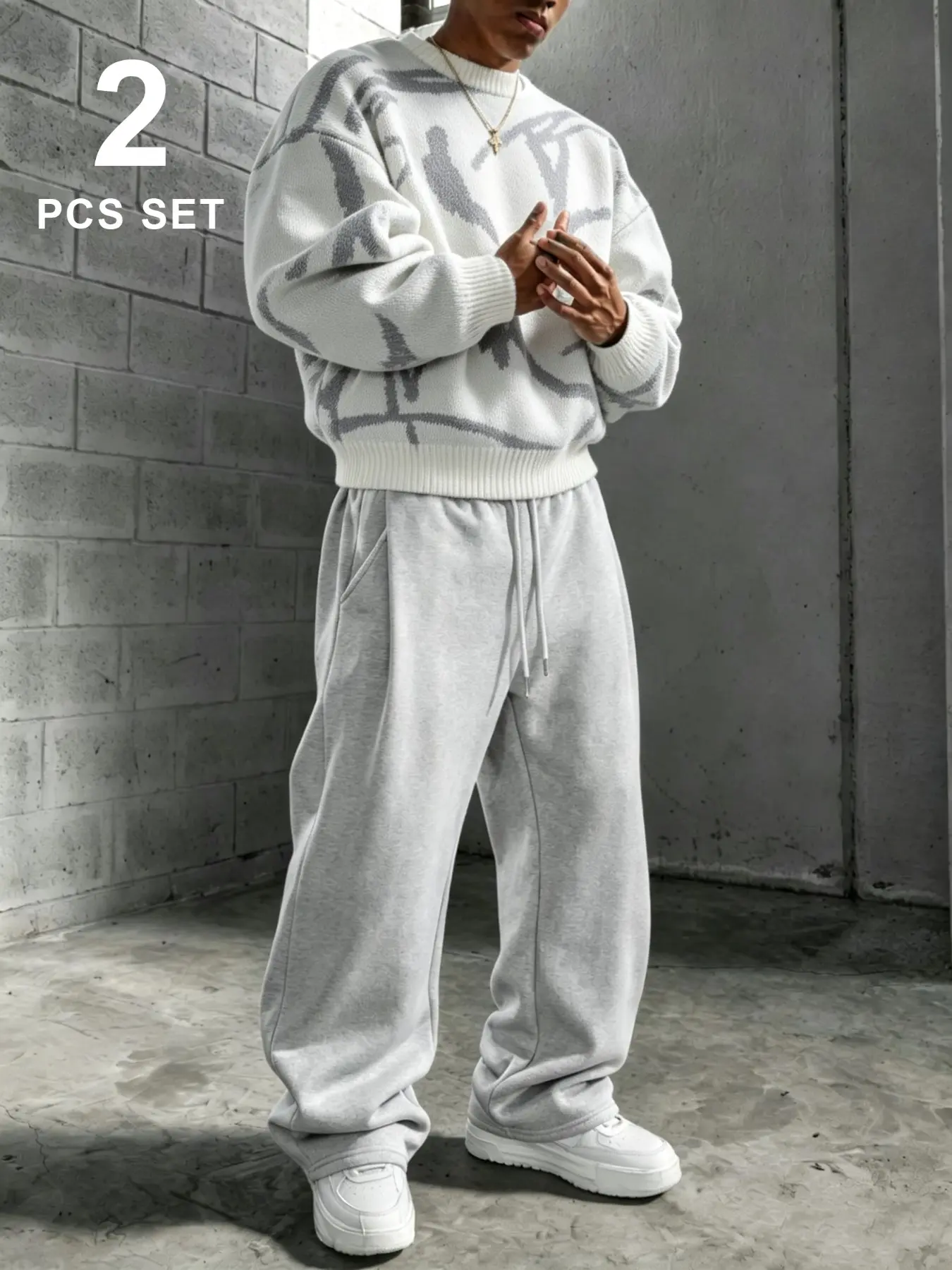 Men's Fashion Two-Piece Set, Striped Sweater and Sweatpants, Casual Loose-Fitting, All Seasons, Plain Pattern, Unlined Clothing