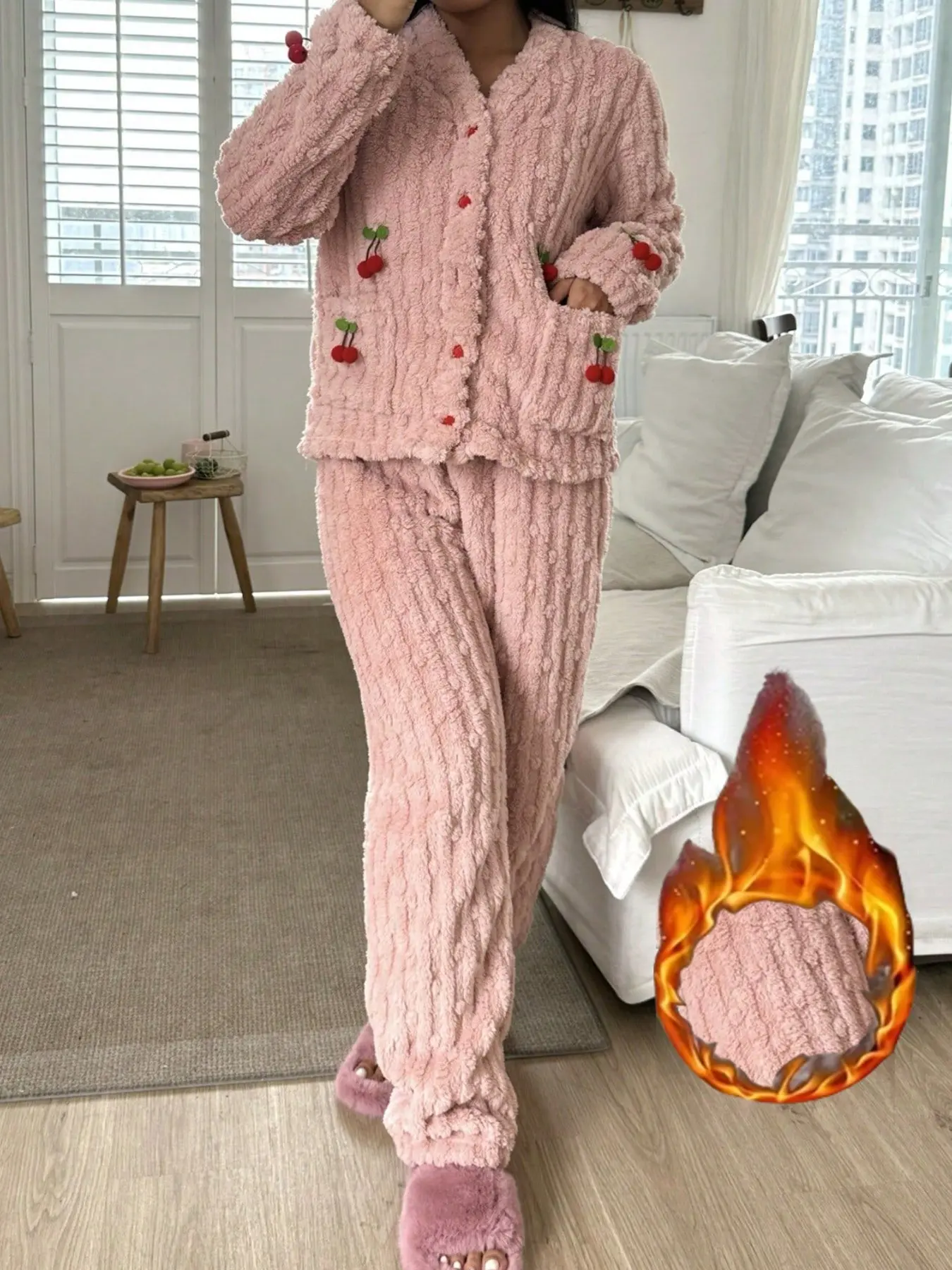 Sweet Cherry Embroidered Pajamas, Cozy Loungewear Sleepwear, Button Front V-Neck, Long Sleeve, Loose-Fit, Warm Coral Fleece, 2-Piece Set, Fall & Winter, Loungewear