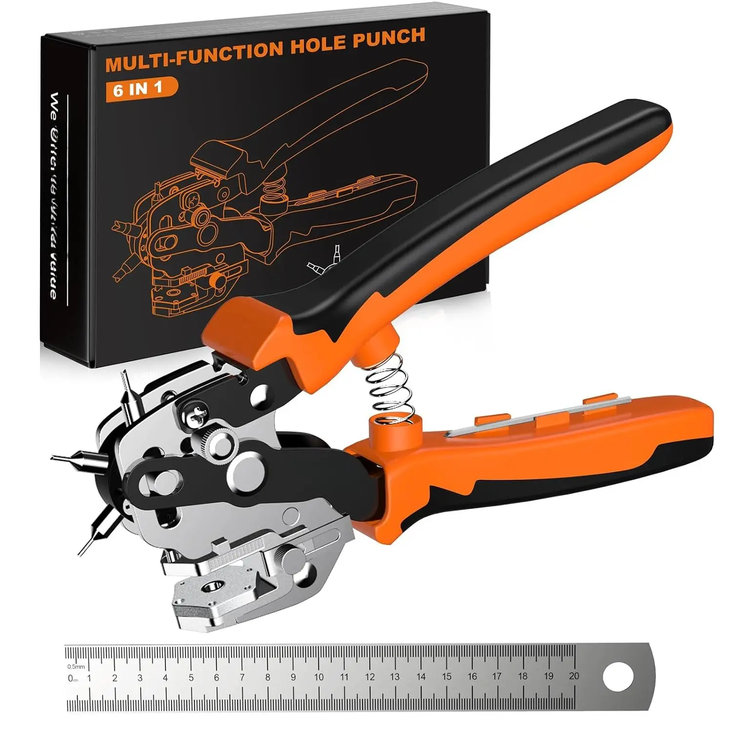 Hole Punch Plier, Revolving Punch Hole Tool with V-Shaped   Design, 6 Hole Sizes & 20cm Stainless Steel Ruler for Leatherr, Belts, Thin Iron Sheets, Paper Cards, Plastics & Fabrics