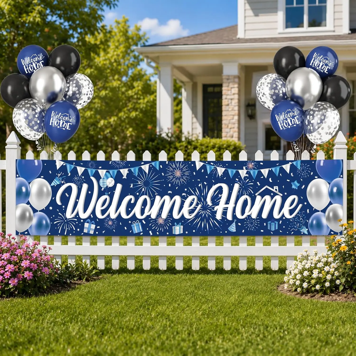 Navy Blue and Silver Welcome Home Decorations, Navy Blue Black Silver Printed Confetti Balloon 15Pcs and Welcome Home Banner for Housewarming Shower Family Party Supplies