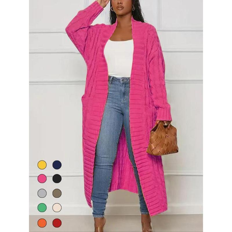 Women's Solid Color Textured Drop Shoulder Pocket Longline Cardigan, Casual Open Front Long Sleeve Knitwear for Fall & Winter, Women's Knit Clothing for Daily Wear, Lady Baggy Cardigans for Women, Womenswear, Casual Knit Top Can be used with a raincoat