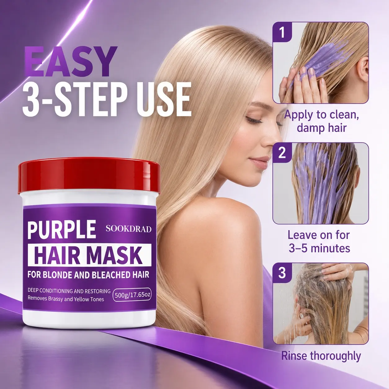 Purple hair mask, hair products, for blonde and bleached hair, remove brassy and yellow tones, deep conditioning, nourishing hair treatment, restoring, 500g/17.65oz