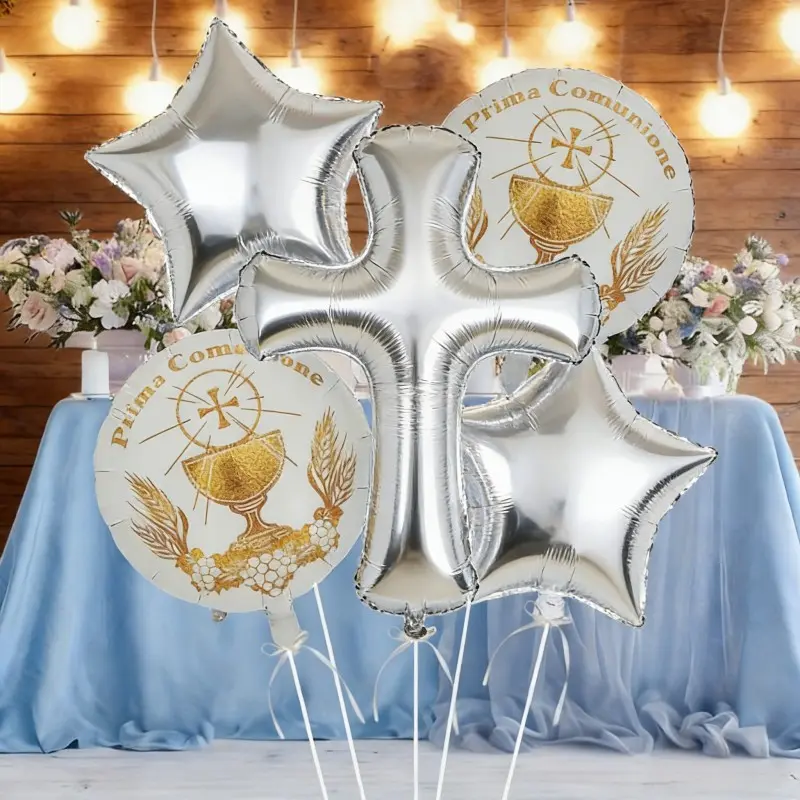 5 Pcs Silver Color Cross Balloons Set, 18 Inch Silver Lion Design, Foil Balloons, Perfect for Baptism, First Communion, Easter, Wedding Celebrations