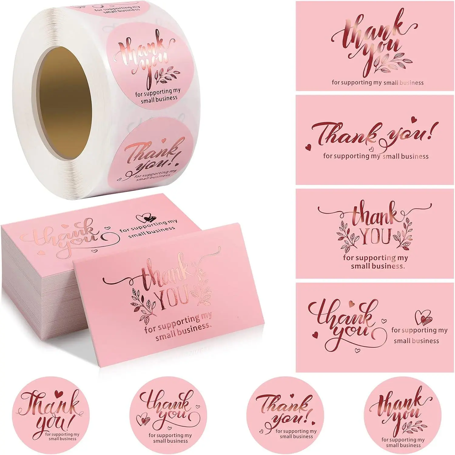 600-Piece Pink Gold Foil Thank You Cards & Stickers Set - Thick Paper Cards with Blank Inside, Printed Labels, Envelope Seals for Small Business Packaging, Flower Shop, Nail Salon (Retail Package Inserts)