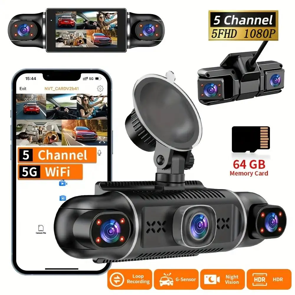 5 Channel FHD 1080P Dash Cam for Cars Driving Recorder 170 Degree Wide Angle Lens Super Night Vision G-Sensor Loop Recording Wi-Fi Function LCD Display Push Button Control Vehicle Black Box Tachograph
