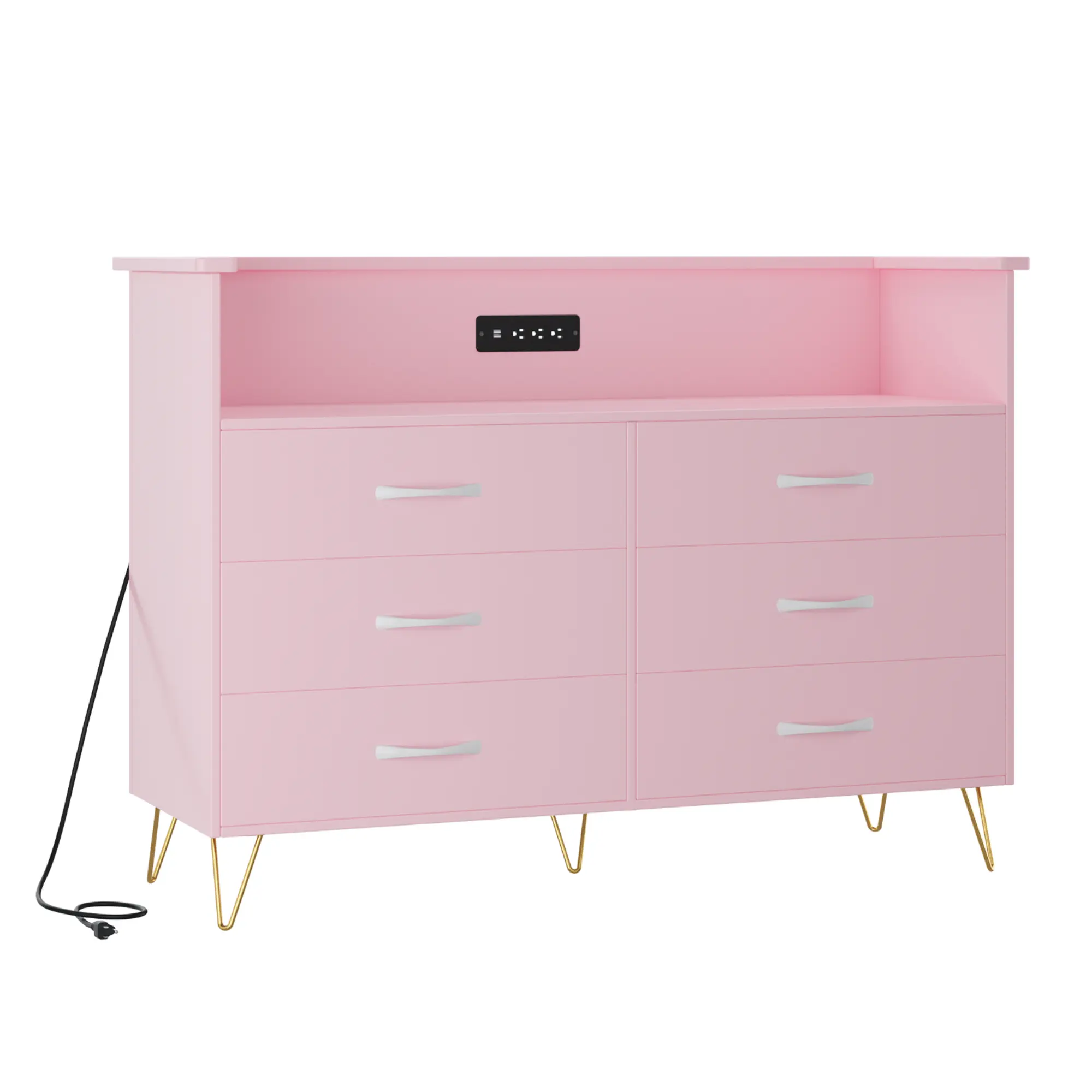 Modern 6 Drawer Dresser with LED Light & Charging Station – Wide Chest Wood Chest, Open Storage, USB Ports, Power Outlet, Versatile for Bedroom, Living Room, Entryway,Pink/White/Black