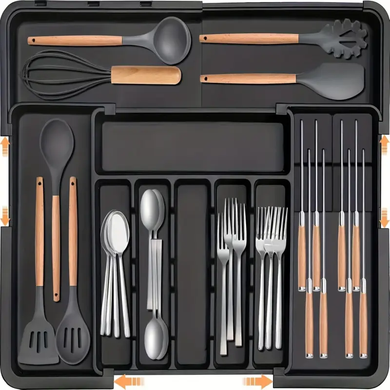 1pc Large Capacity Drawer Cutlery Organizer Collapsible Plastic Tray For Kitchen Utensils Storage Forks Spoons Knife