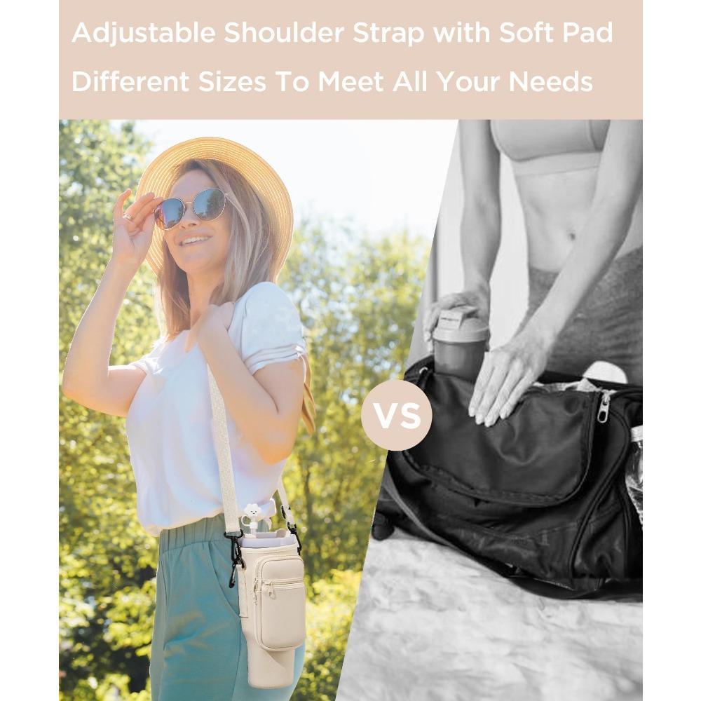 Water Bottle Carrier Bag with Phone Pocket for Stanley 40/30 oz Tumbler, Neoprene Water Bottle Holder Pouch with Adjustable Strap, Straw Cover & Carabiner, Ideal New Year & Valentine's Day Gift