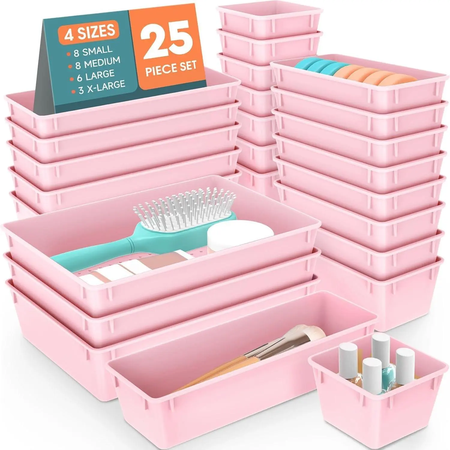Pink Plastic Drawer Organizer Set (25 PCS, 4 Multi-Size Trays & Bins) - Drawer Storage for Makeup, Jewelry, Bedroom Organization