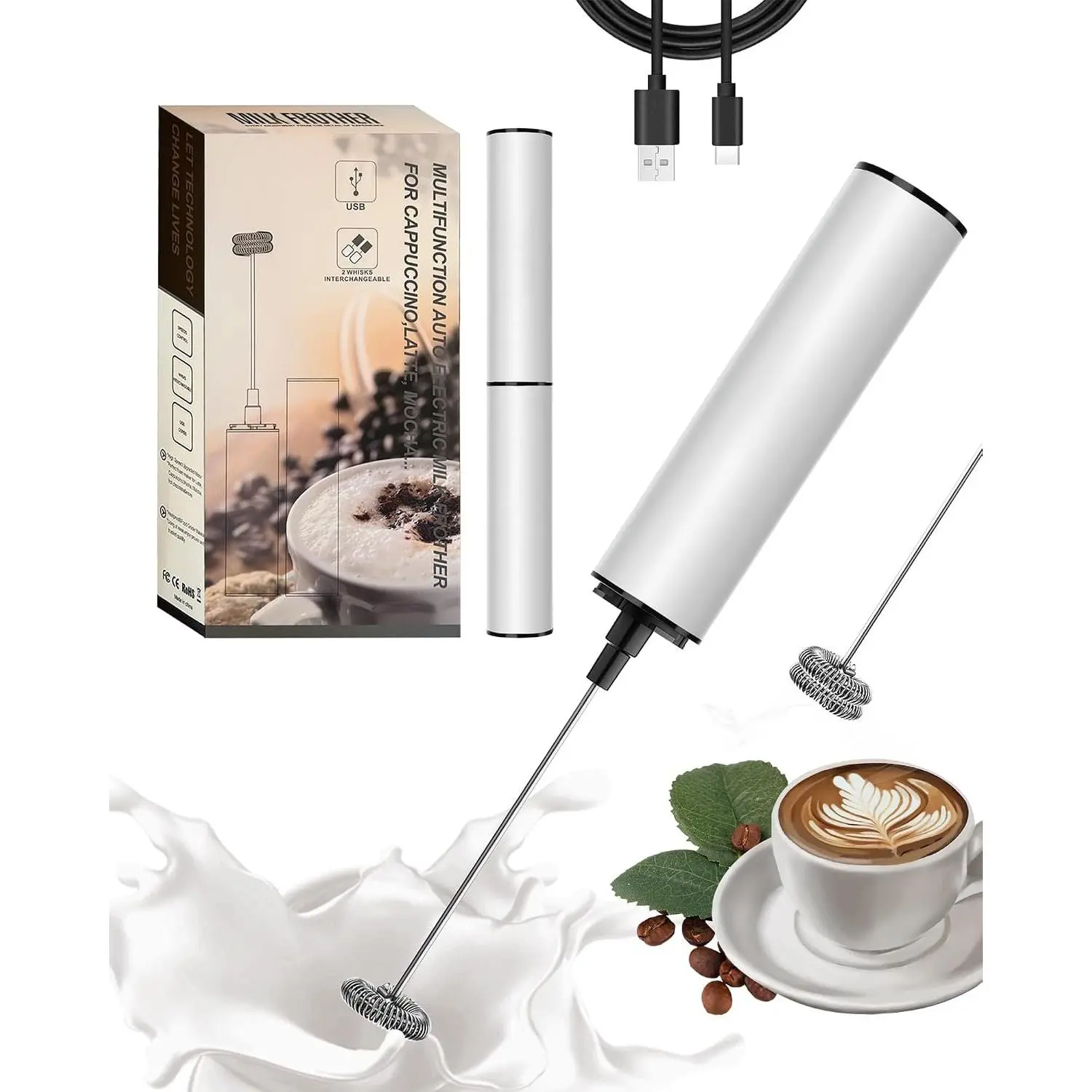Milk Frother Rechargeable with Cover - Coffee Frother Wand, Drink Mixer Handheld with 2 Detachable Stainless Whisks 2 Speed Adjustable for Latte, Cappuccino, Hot , Egg, White