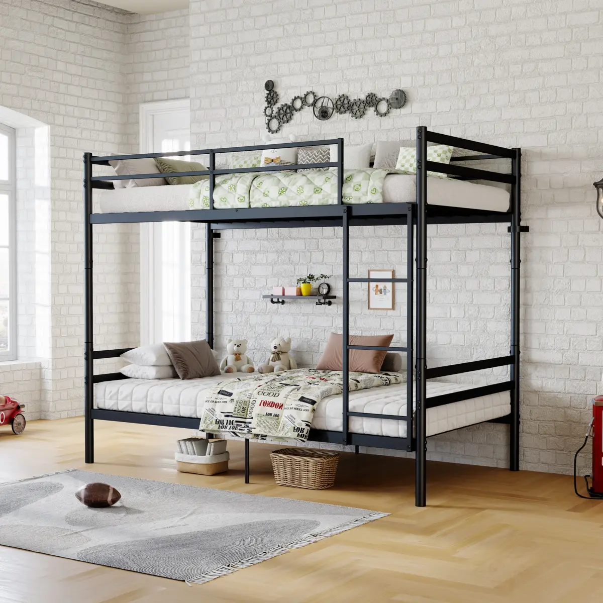 Bunk Bed with Ladder and High Guardrail Metal Bunk Bed, Storage Space, Noise Free, Twin Over Twin Size, BLACK
