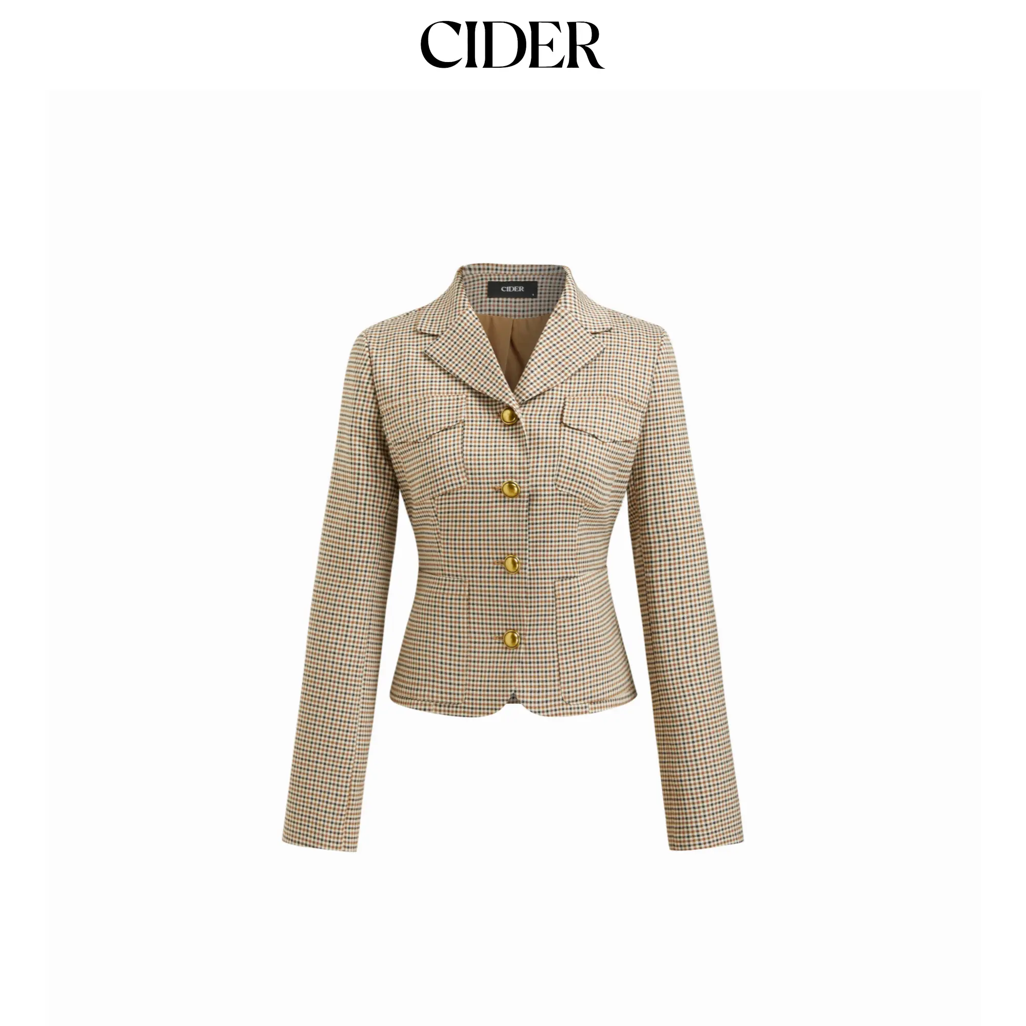 Cider Women's Plaid Blazer for Womenswear Suits, Notched Collar, Long Sleeve, Metal Buttons, Cinched Waist SohoChic