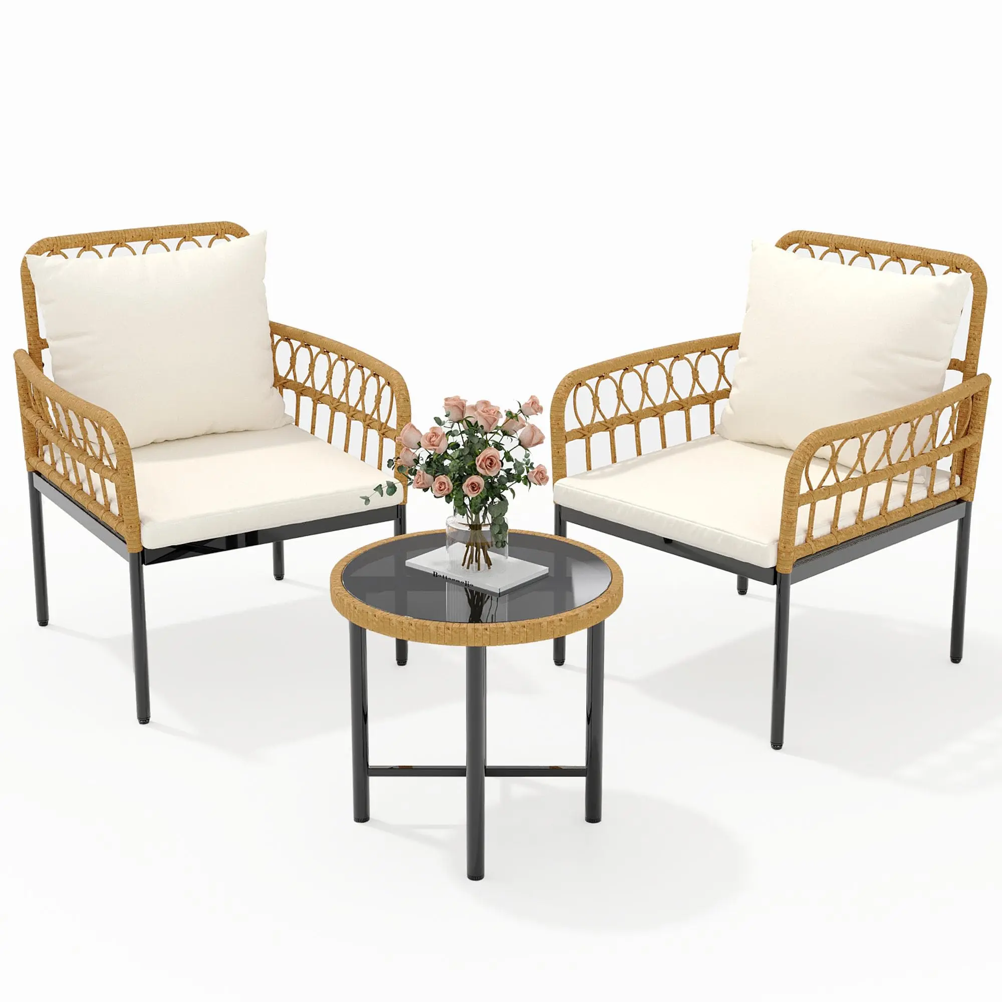 GARVEE3 Piece Outdoor Wicker Patio Bistro Set, All-Weather Rattan Conversation Set with Glass Top Coffee Table & Cushioned Chairs, Boho Balcony Furniture for Backyard, Poolside, Garden, Beige