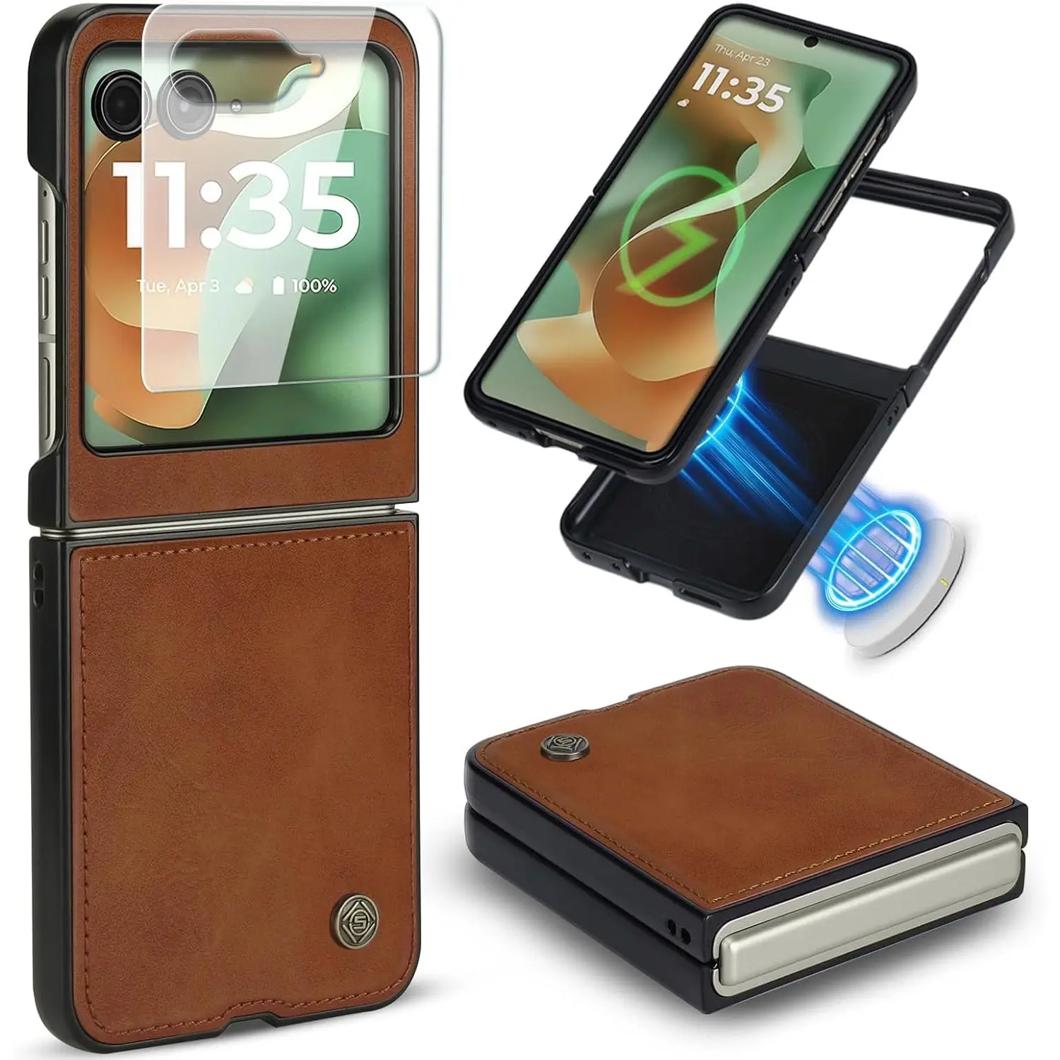 Leather Folio Magnetic Case for Motorola Razr 2026/2025/2024[Not fit Ultra or Pl][Compatible with MagSafe],Built-in Screen Protector and PU Leather Thin Slim Protective Case Cover Brown