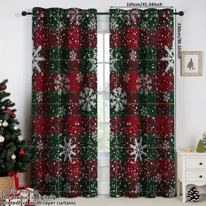 2-Pack Christmas Snowflake Grid Perforated Curtains, Light Filtering, Living Room Bedroom Kitchen Decor, Privacy Sunshade, Semi-Transparent