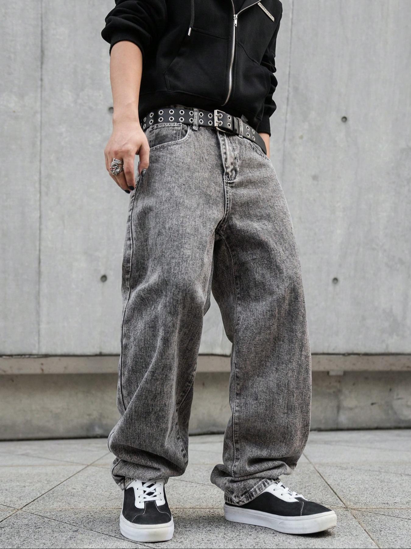 Men's Solid Color Wide Leg Multi Pocket Jeans, Loose Casual Comfy for Daily Wear, Woven Bottoms for All Seasons