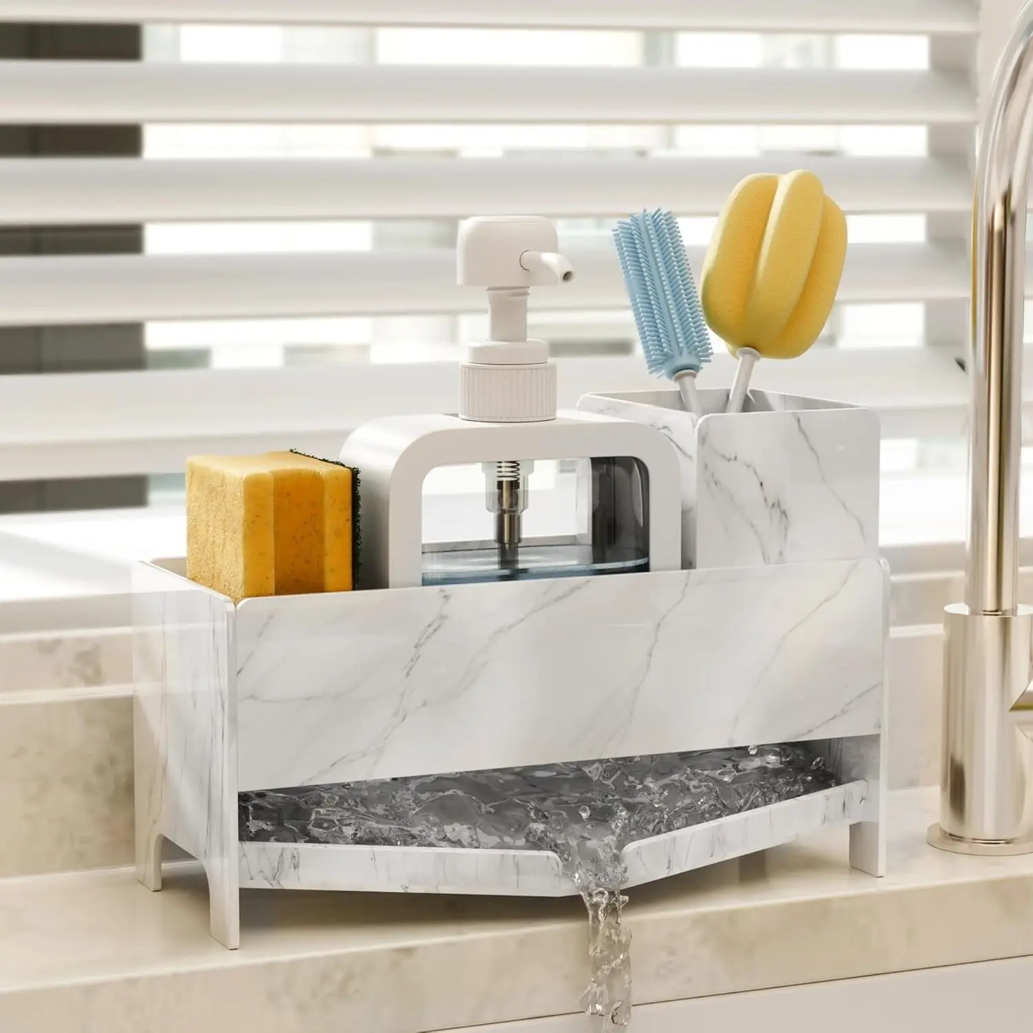 Sponge Holder for Kitchen Sink - White Marble Acrylic Sink Caddy with Brush Slot, Countertop Soap Organizer for Modern Kitchen, Self-Draining Storage Rack, 9.2" Large Capacity