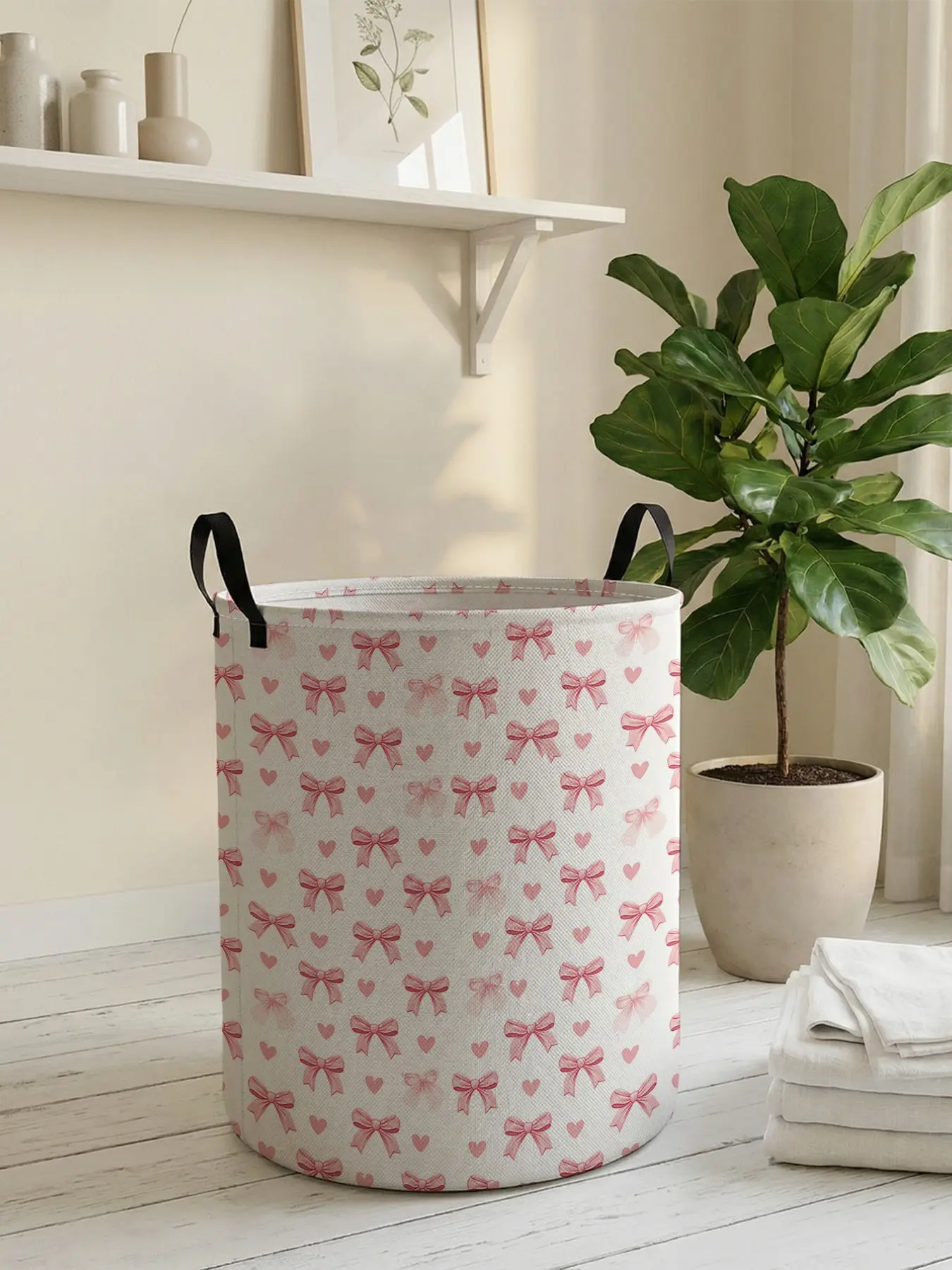 Heart Bow Folding Laundry Basket, Durable Foldable Storage Bag, Large Capacity, Casual Style, All Seasons Use
