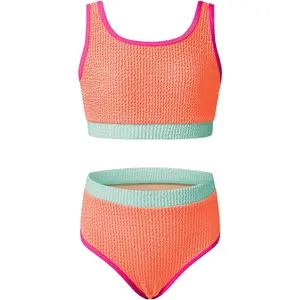 Tween Girls Swimsuits Two Piece Colorblock Bikini Sets with Chest Pad Size 6-15 Years(Gift)