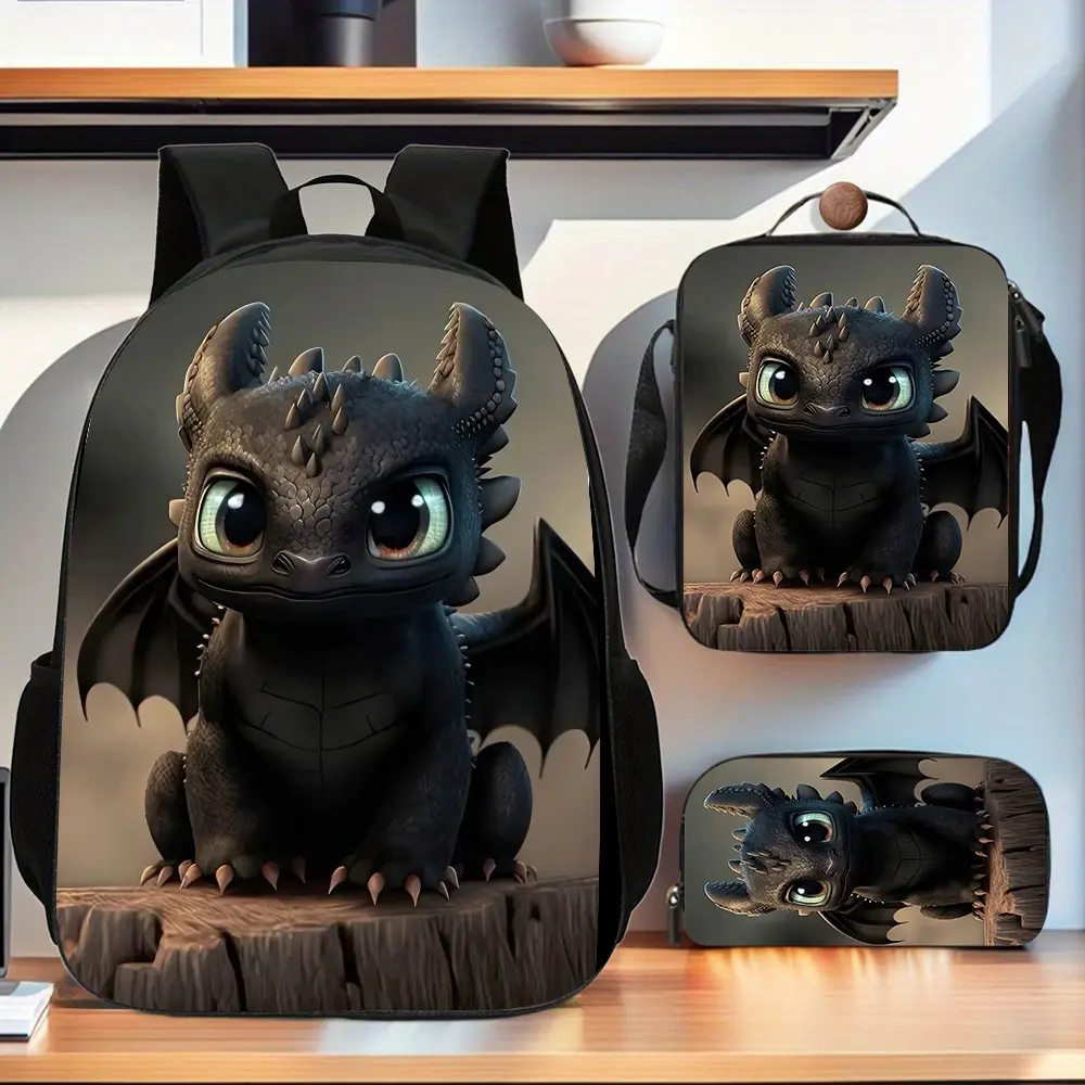 Unisex Chic Cartoon Dragon Print 3-in-1 Student Backpack Set for 10-11 Years - Large-Capacity Double-Shoulder Bag, Crossbody, Pencil Case, Lunch Bag, Athletic Lightweight Foldable, Adjustable Straps, Organizer Storage, Back to School Gift, Hand Wash Only