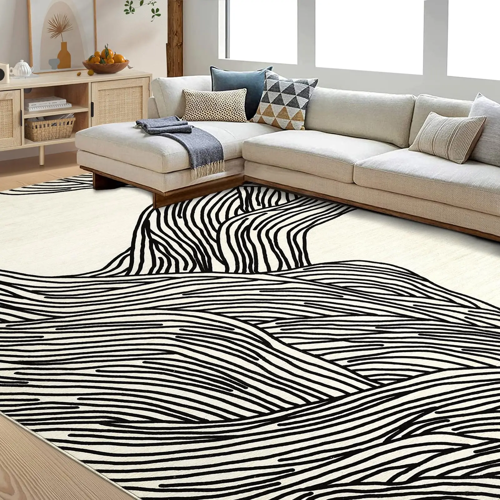 Garvee Washable 5x7 Area Rug for Living Room, Modern Abstract Low Pile Soft Striped Geometric Accent Carpet, Non-Slip and Stain Resistant Indoor Rug for Bedroom, Nursery, and Home Decor