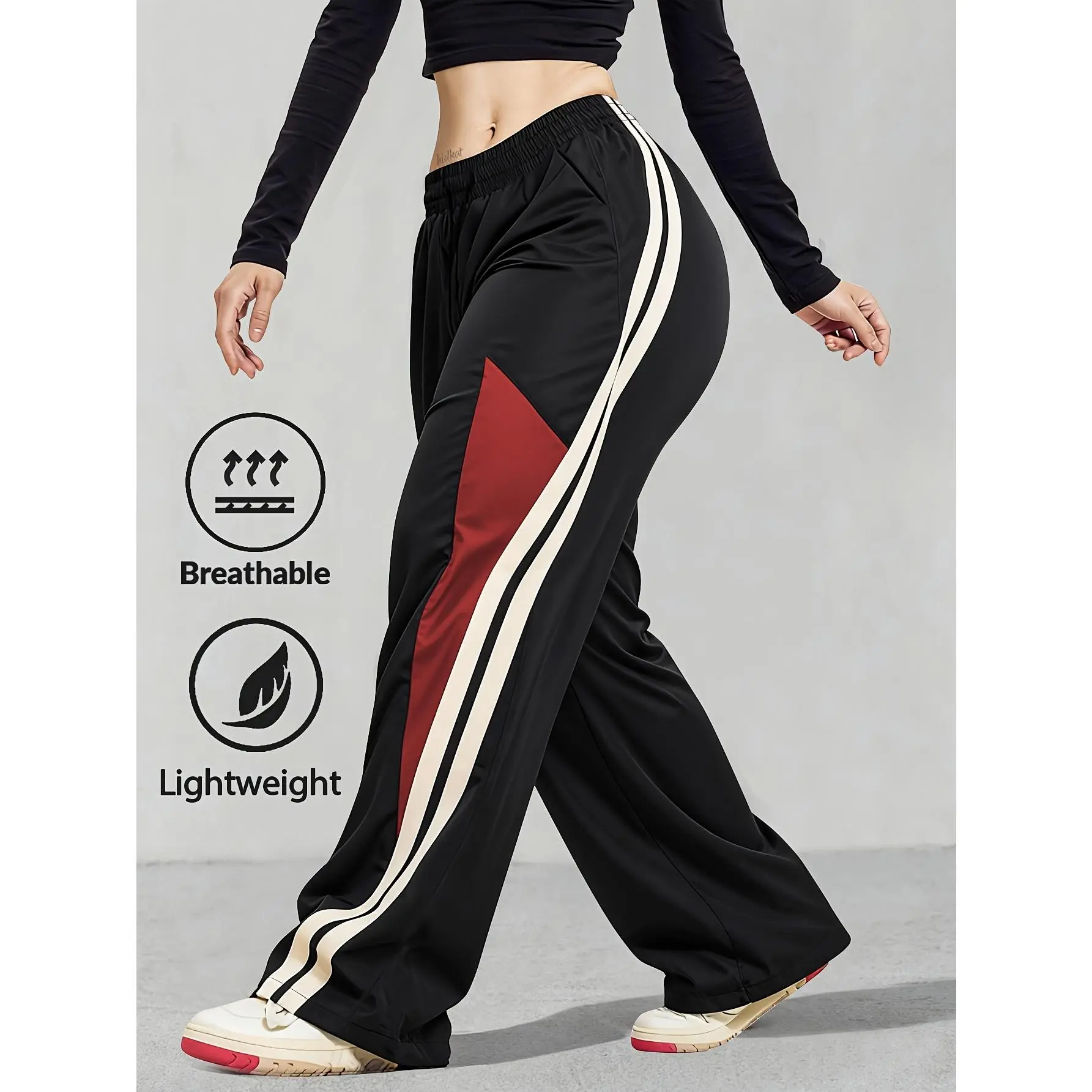 Women's Lightweight Breathable Striped Wide Leg Track Pants, Drawstring High Waist Color Block Athletic Trousers for Spring Autumn Daily Outdoor Street Wear