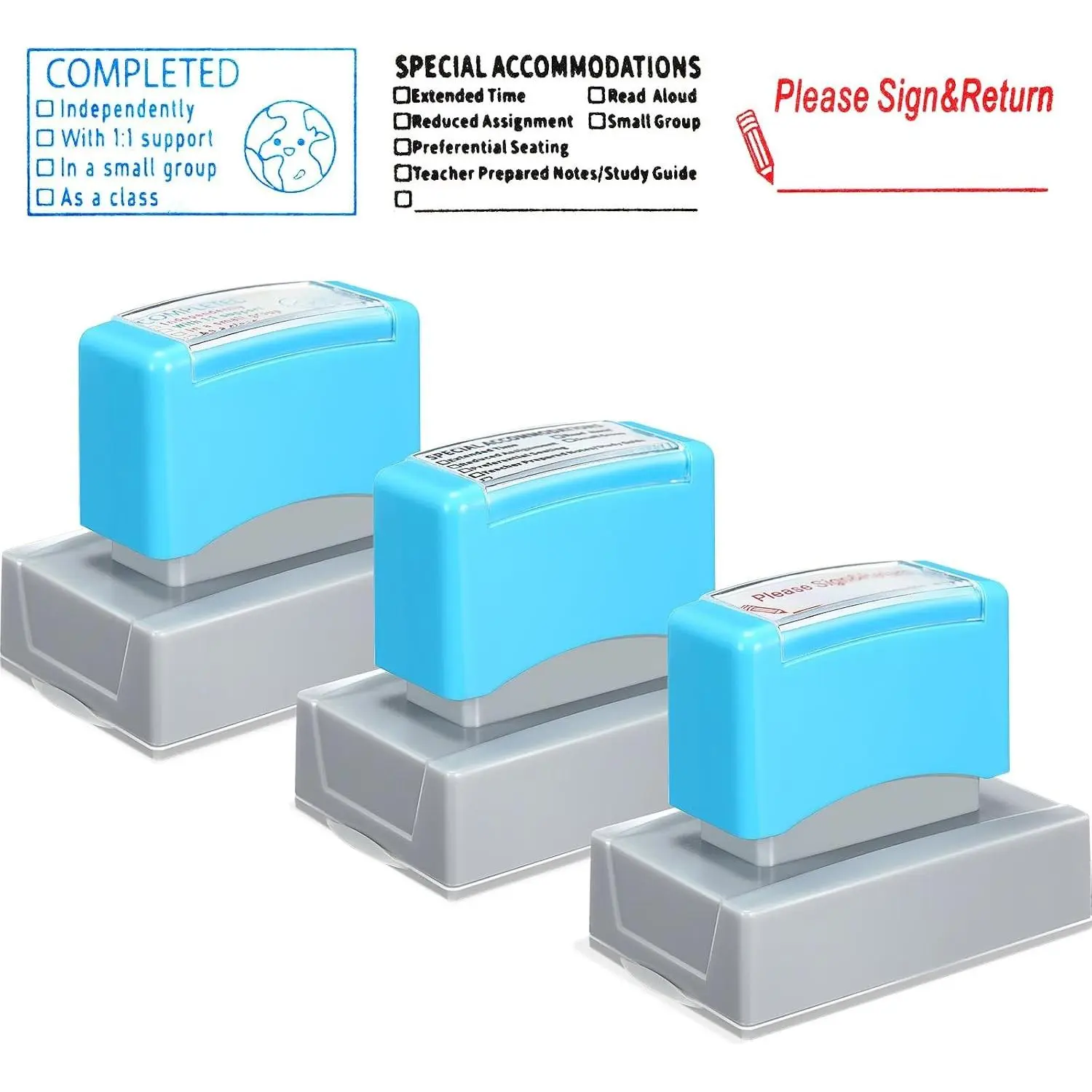 3 Pcs Self-Inking Checkbox Grading Teacher Stamps for Classroom - Blue, Red, Black, Creative