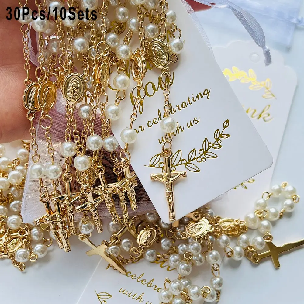 30pcs/10sets, Party Favor Packs, Goody Bags For Baptisms, Featuring A Cross Faux Pearl Bead Mini Finger Rosary, With Organza Bag And Thank You Cards, For Christian Baptisms, Weddings, First Communion, Confirmation Gifts