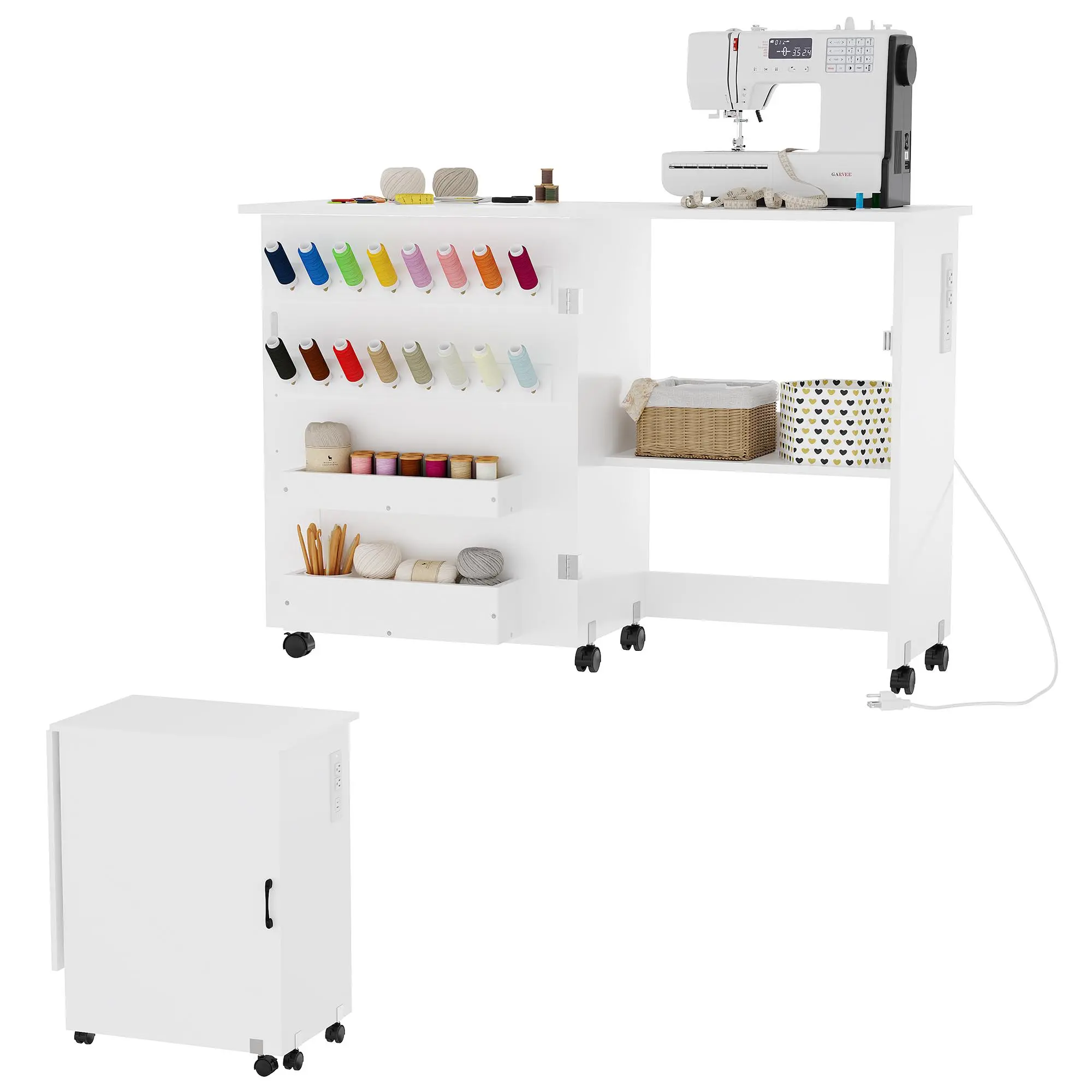 Collapsible Sewing & Craft Table with USB Charging Station - Space Saving Furniture, Lockable Wheels, Storage Trays, Shelf, Pegs, Magnetic Locks, USB Type-C, Side Bins, Mobile Craft Cabinet Desk