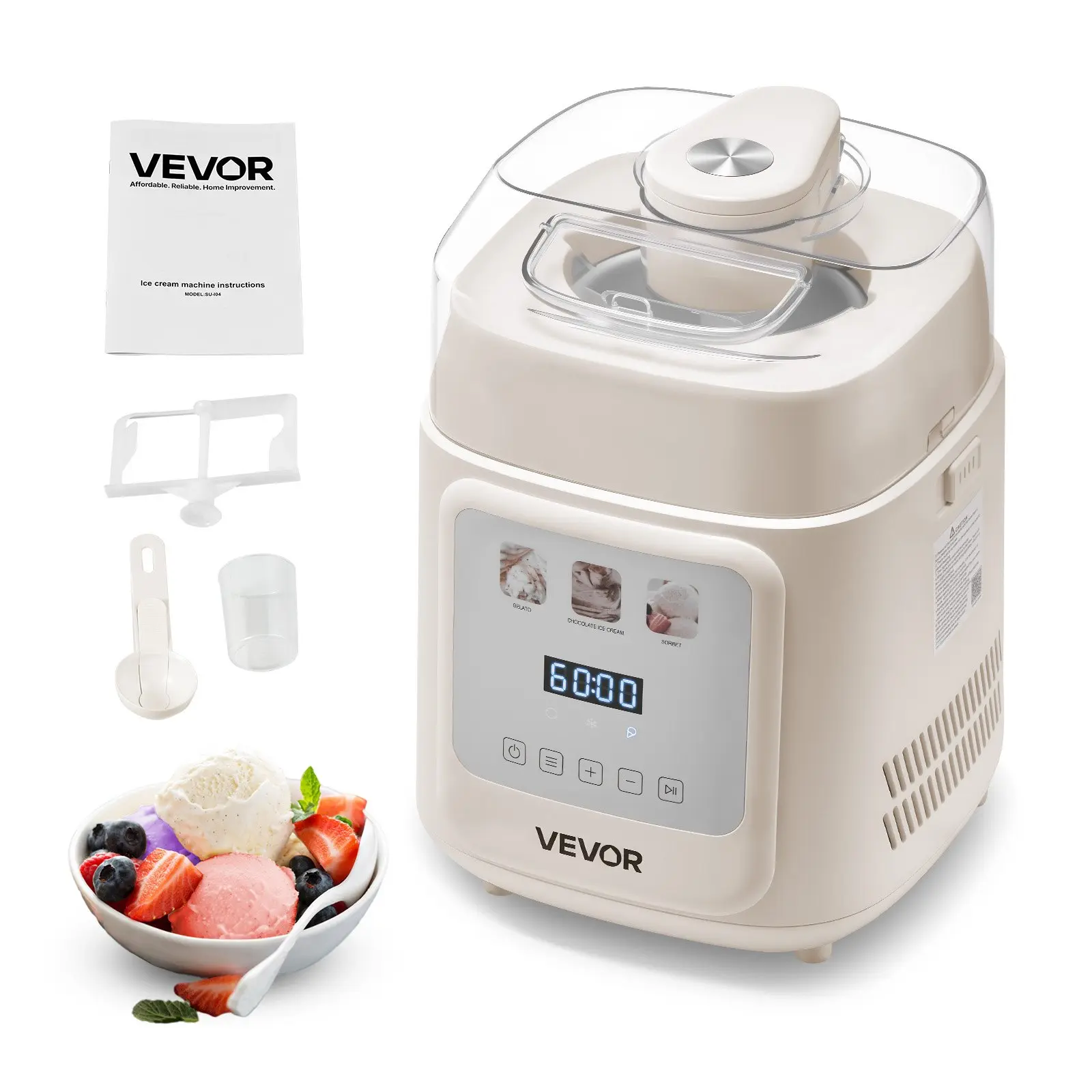 Upright Automatic Ice Cream Maker with Built-in Compressor, 1 Quart No Pre-freezing Gelato Maker Frozen Yogurt Machine, 4 Modes Electric Sorbet-Maker, Compressor Ice Cream Machine for Home