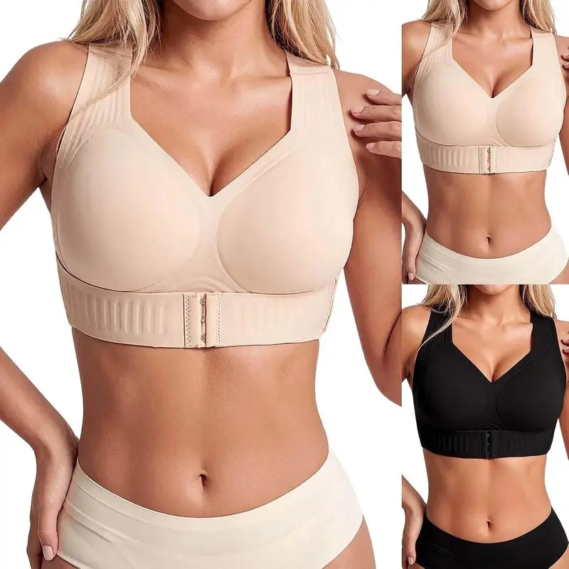 Women's Front Closure Posture Corrector Sports Bra - Cross Back, Wireless, Seamless, Full Support, Push Up Bralette with Comfortable Fabric, Minimalist