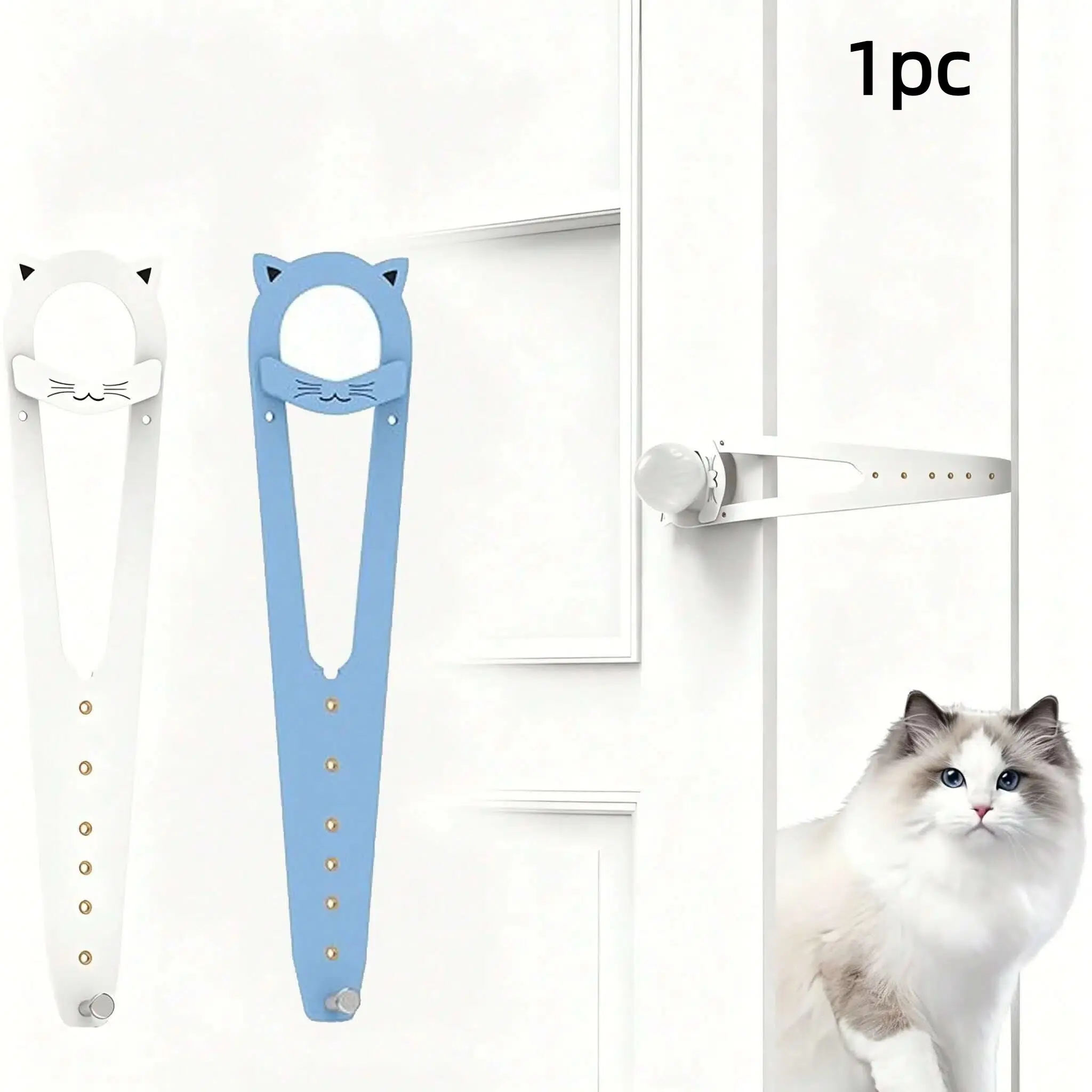 Adjustable Cat Door Latch with Stabilizer, 7 Sizes, Keeps Dogs Away From Litter Box, No Drilling, Portable Indoor Door Accessory