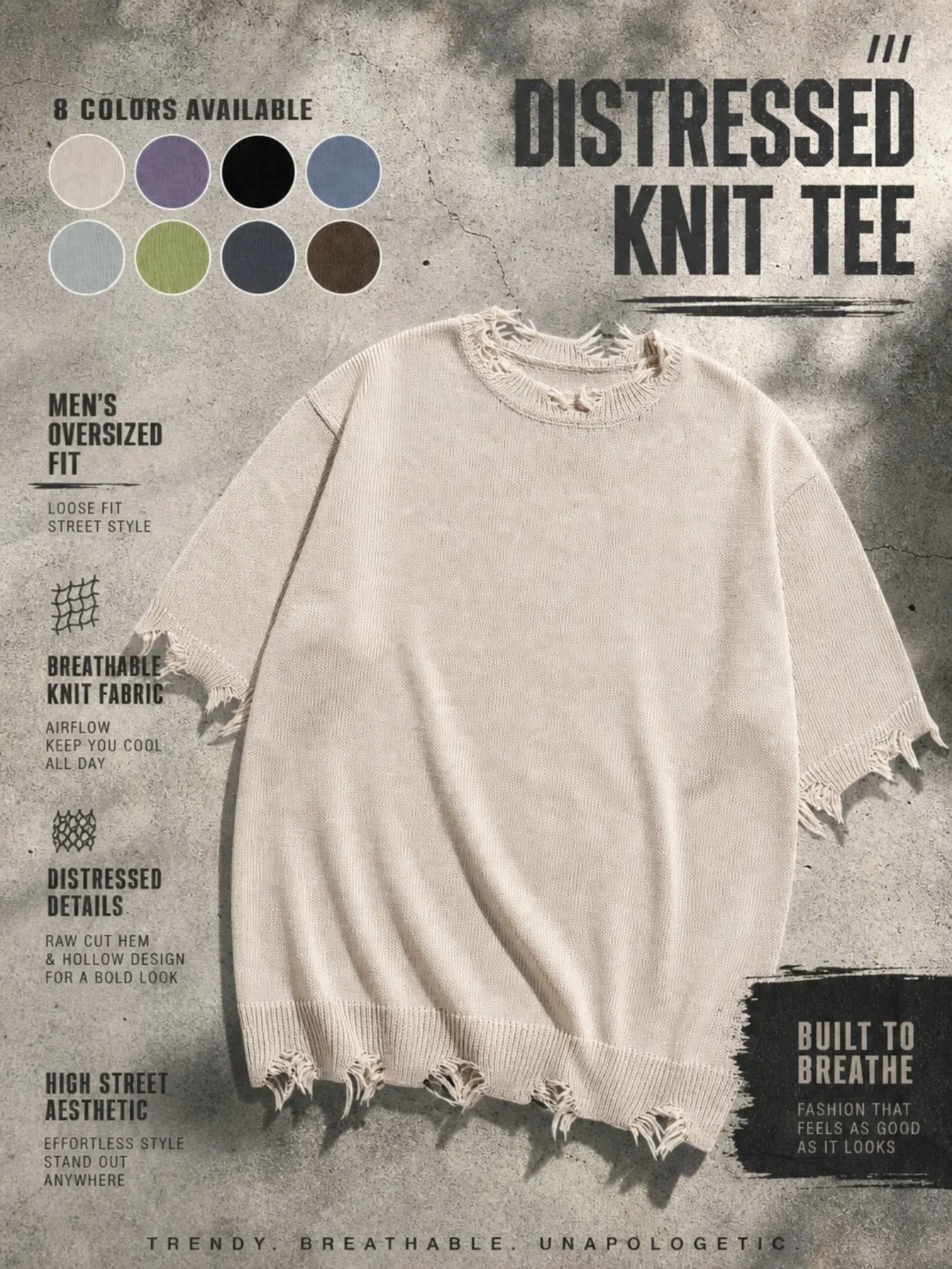 Men's Spring & Summer Fashion Korean-Style Casual Plain Ripped Fringe Breathable Loose Relaxed Fit Knitwear, Comfortable Short Sleeve Daily Commute Baggy Top