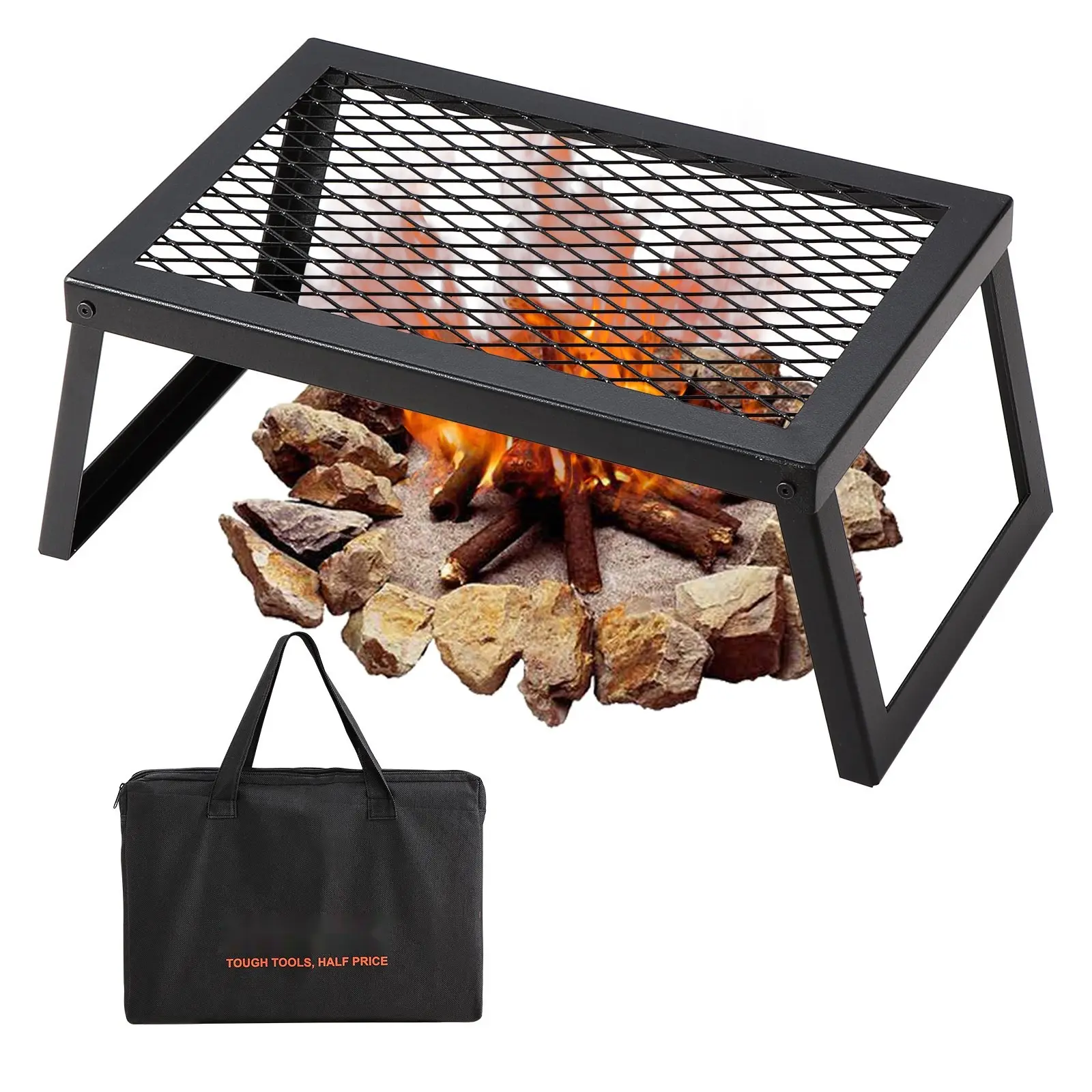 18-Inch Foldable Campfire Grill - Heavy-Duty Steel Over Fire Cooking Grate with Diamond Mesh, Folds Compactly, Rust-Resistant Portable Rack for Fire Pits, Includes Carrying Bag for Hiking/Camping Backyard Cooking