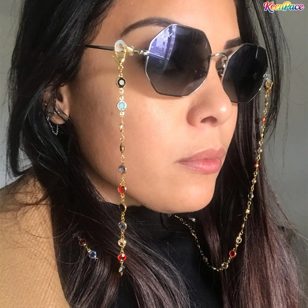 Female Multicolor + Silver Rhinestone Boho Glasses Chain with Clamps - Anti-Lost Anti-Slip Eyeglass Lanyard Strap for Teen Girls, Dual-Use Neck Decor Accessory, Ideal for Daily Commute, Party (Sports & Outdoor Accessory), Fine Metal Chain