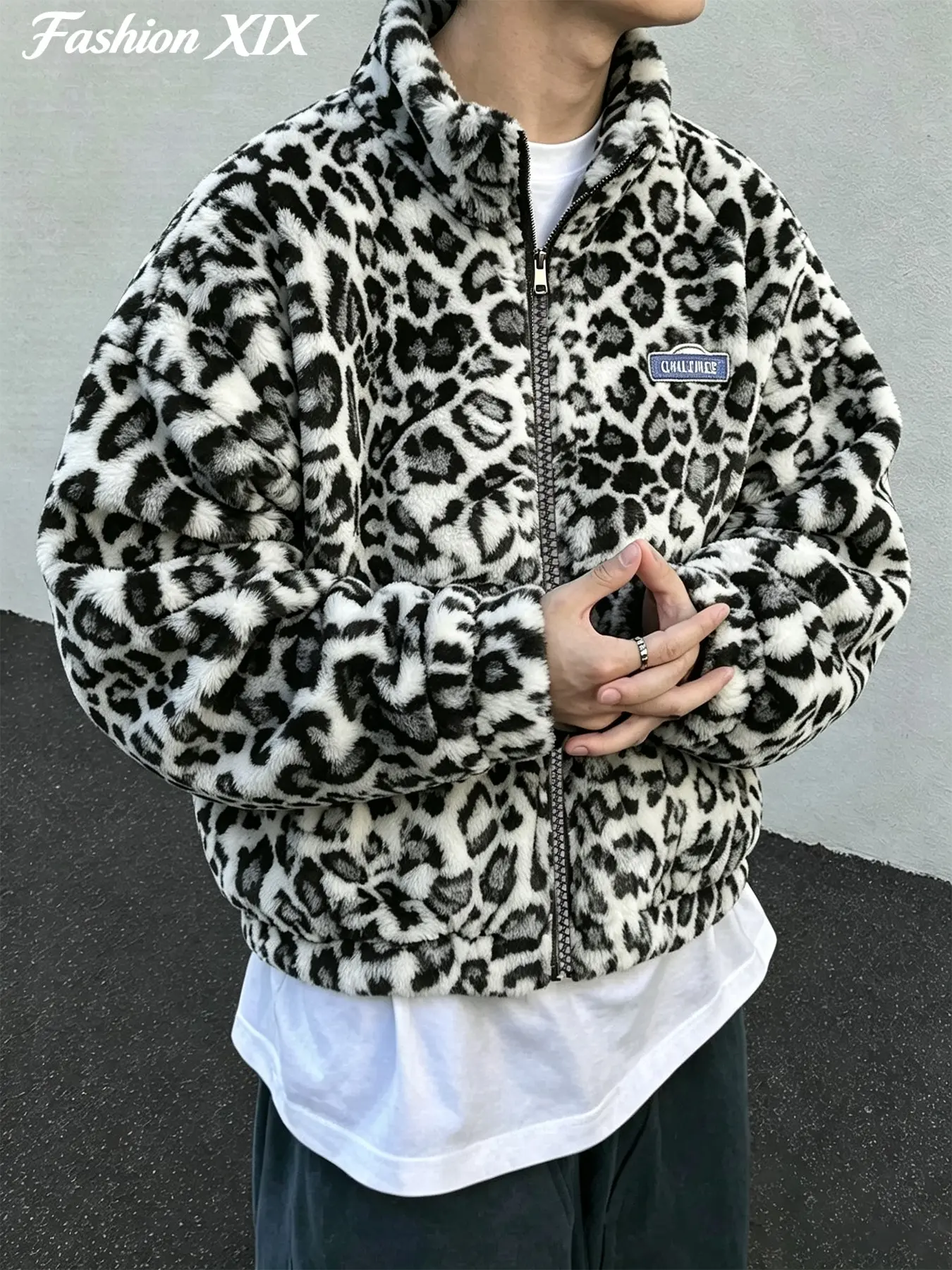 Unisex Oversized Fluffy Leopard Print Jackets Stand Collar Zip Up Fleece Jacket Warm Thick Streetwear Coat Rare Aesthetic For Autumn Winter Daily Casual Outdoor Outfits Collared Zipper Jacket