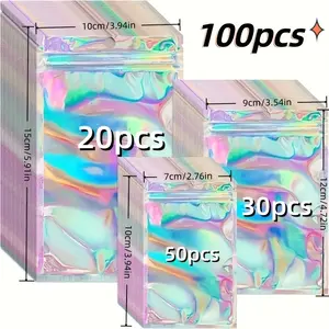 100Pcs Assorted Sizes Holographic Rainbow Resealable Zipper Bags Half Clear Aluminum Foil Pouches Reusable Odor Proof Storage Bags For Jewelry Nail Charms Phone Case Candy Holiday Gift Packaging DIY Craft Supplies