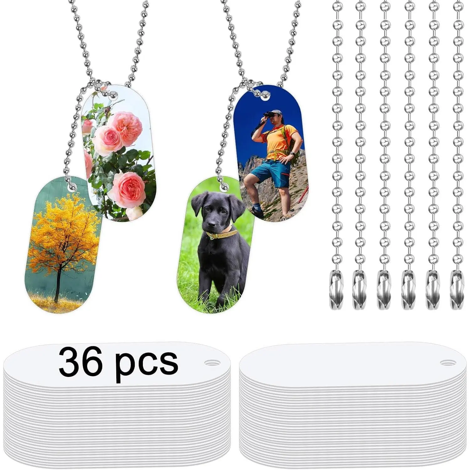 36 pcs Double Sided Metal Sublimation Blank Dog Tags with Chain, Blank Sublimation Tag Pendants for Necklaces Making