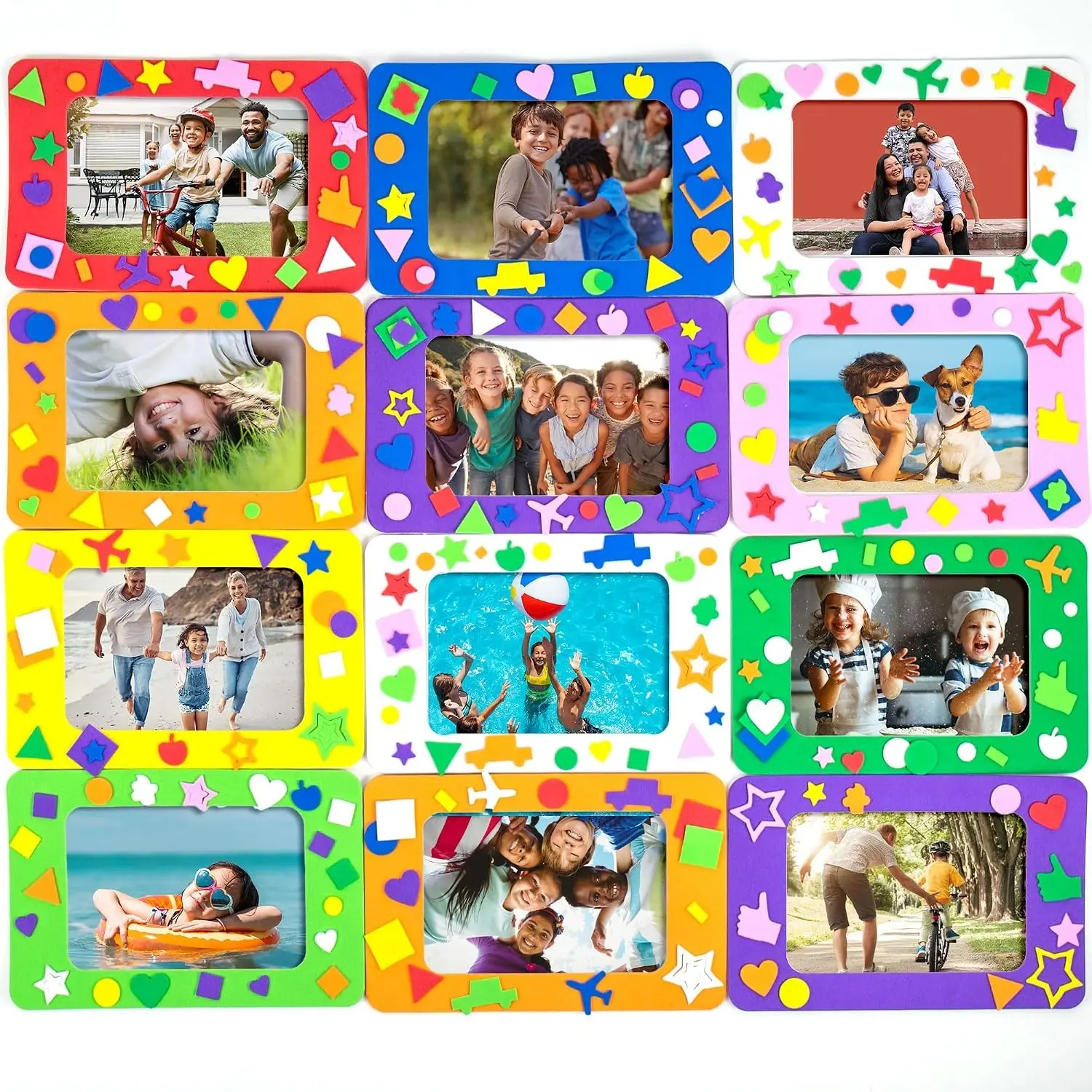 DIY Foam Picture Frame Craft Kit, 12-Pack of 4x6-Inch Colorful Picture Frames with 500+ Punch Out Stickers & Easels, Back to School Arts & Craft Activity, Perfect for Projects