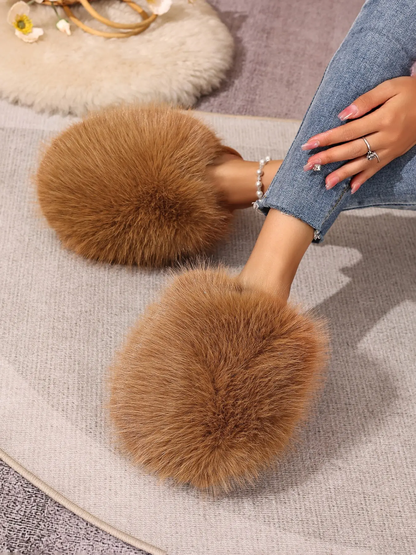 New Soft Plush Toe Half Slip-On Shoes for Women, Thick Sole Platform No Heel Lazy Home Outdoor Wear, Warm Cotton Indoor Outdoor Slippers for Autumn Winter
