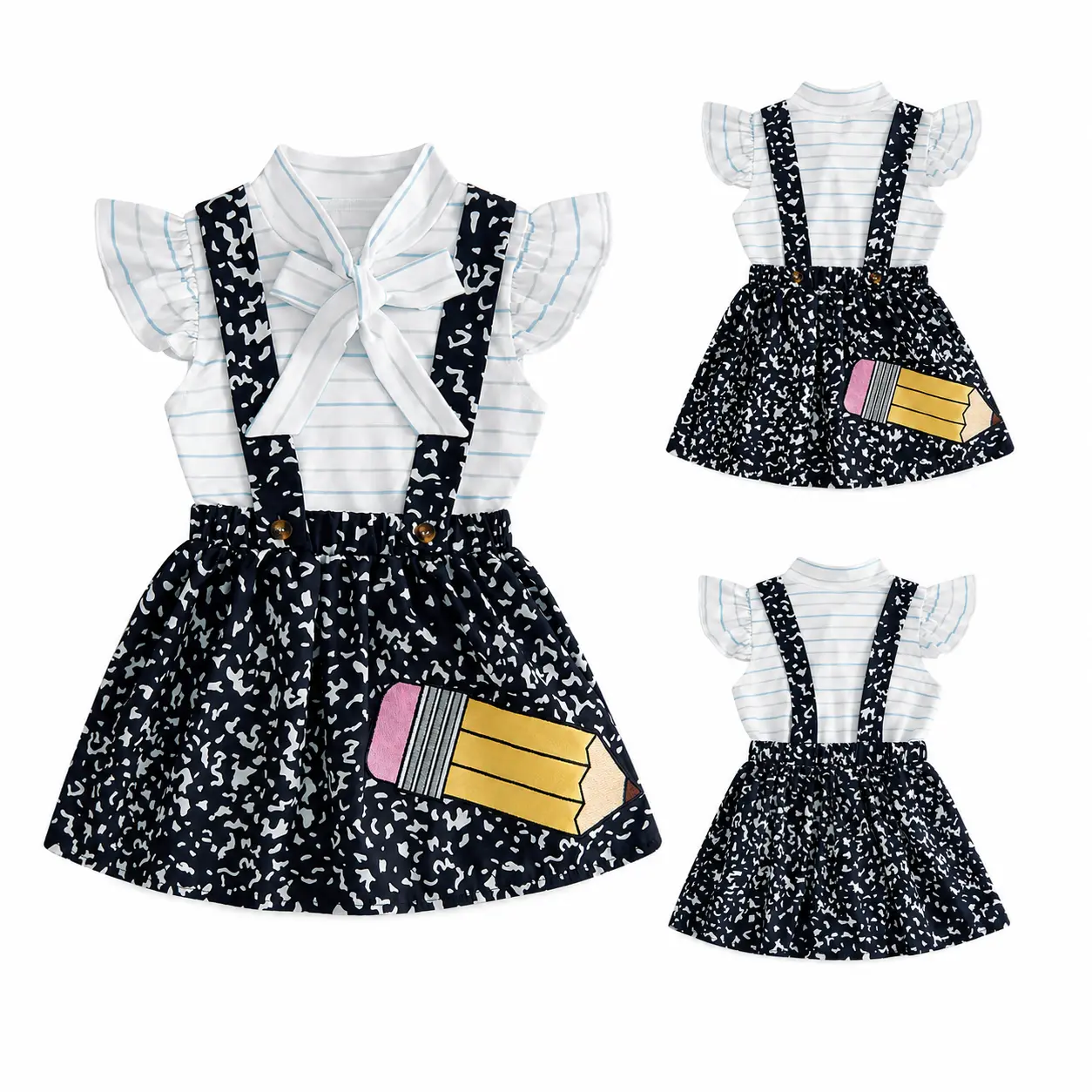 Infant Toddler Baby Girl 2 Piece Outfit Set Back To School Preschool Outfit Soft Cotton Fabric 2-8T Ruffle Sleeve Striped Bow Top Suspender Skirt Pencil Applique Kids Summer Clothing Set
