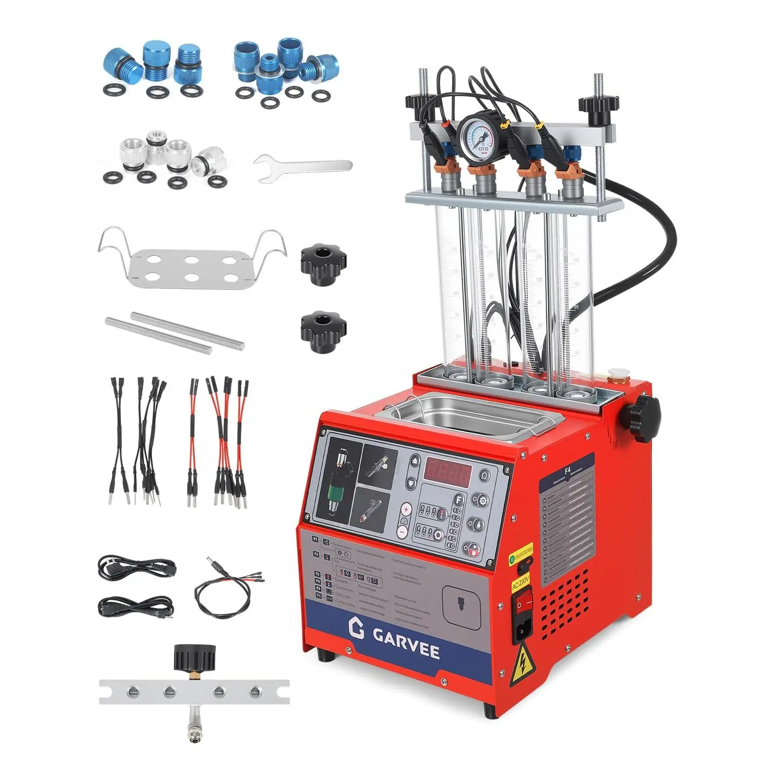 2-in-1 Ultrasonic Fuel Injector Cleaner and Tester Kit, 100W Professional Auto Repair Machine with 0.1-25ms Adjustable Pulse, Support Injector Resistance & Spray Stream Testing, Compatible with 4-Cylinder Gasoline Engines