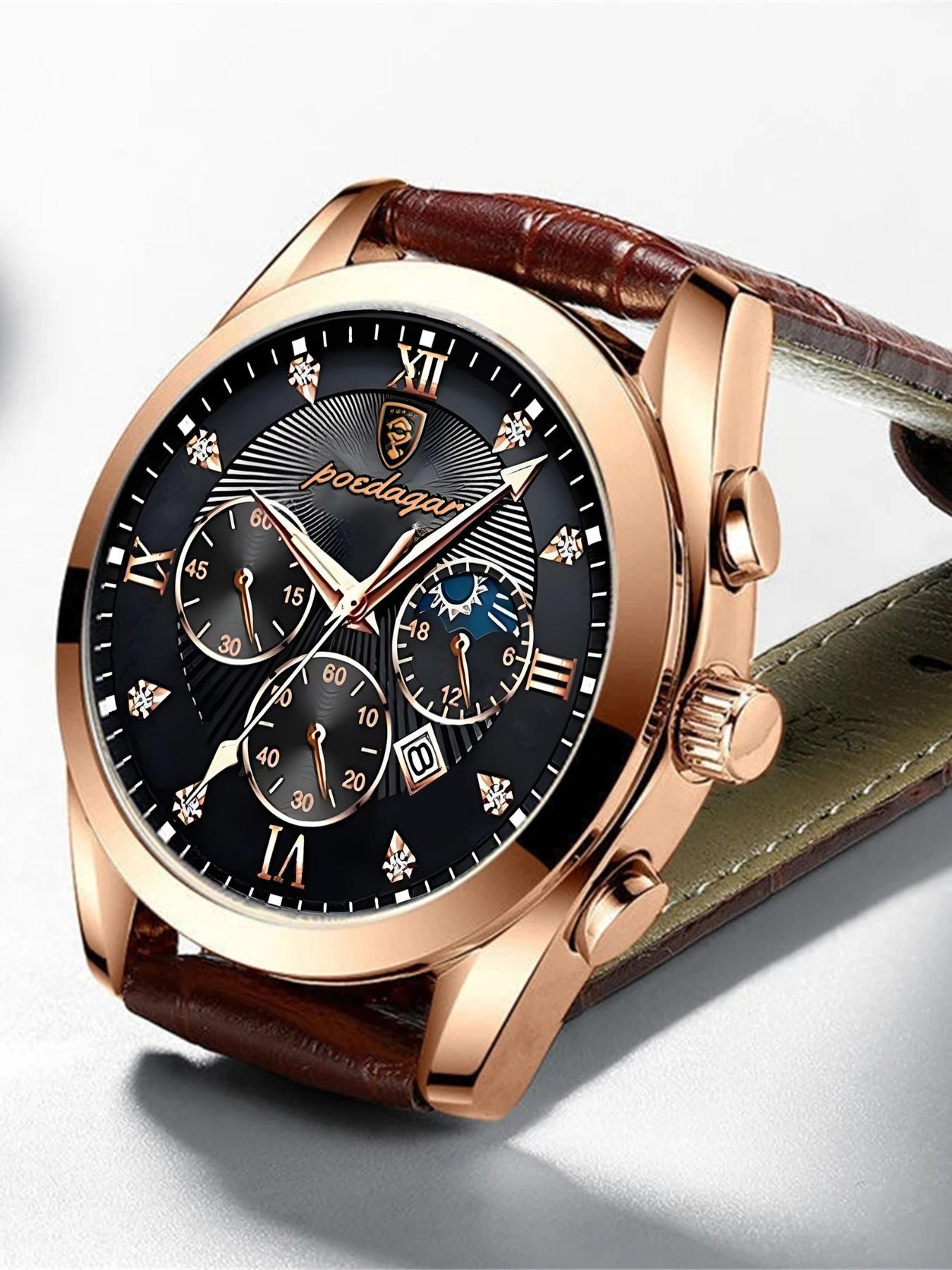 Classic Leather Men's Watch, Business Fashion Watches, Strap, Luminous Analog Watch, Luminous Hands, Calendar Function, Stainless Steel Case, Quartz Movement, Business Style Gift, Quartz Analog Wristwatch detail 3