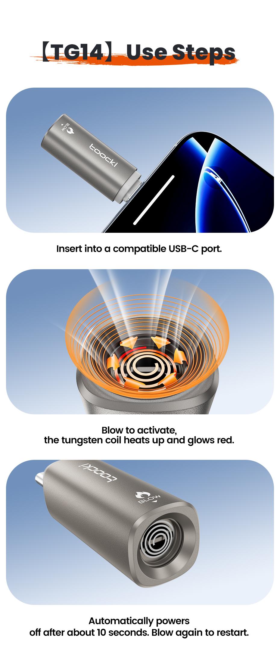 Type-C Plug-in Mini Electric Lighter, Blow to Light Flameless Windproof Igniter, Portable USB Powered Pocket Lighter for Camping BBQ Daily Automotive Circuit Tester Adjustable Angle Cordless Space Heater