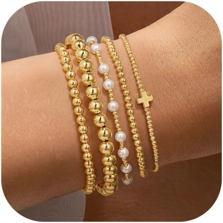 Gold Beaded Bracelets Set for Women Teen Girl Gifts Non Tarnish - 14K Gold Plated Dainty Round Bead Ball Pearl Cross Bracelet Stack for Women Teenage Girls Stackable Jewelry Christmas Gifts, Minimalistic, Women Unisex