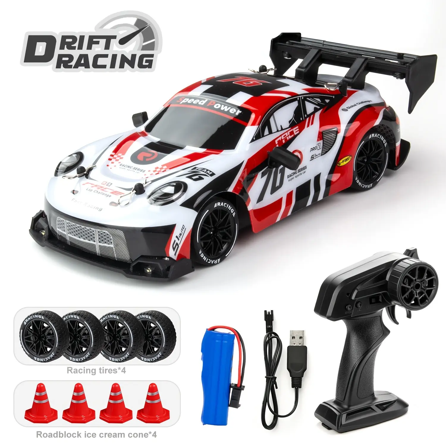 1:24 Four-Wheel High-Speed Remote Control Drift Race Car, Interchangeable Tires, LED Lights, USB Charging, Rechargeable Race Car, Ideal Gift for Boys Aged 8+, Remote Controlled Car, Drift Rc Cars