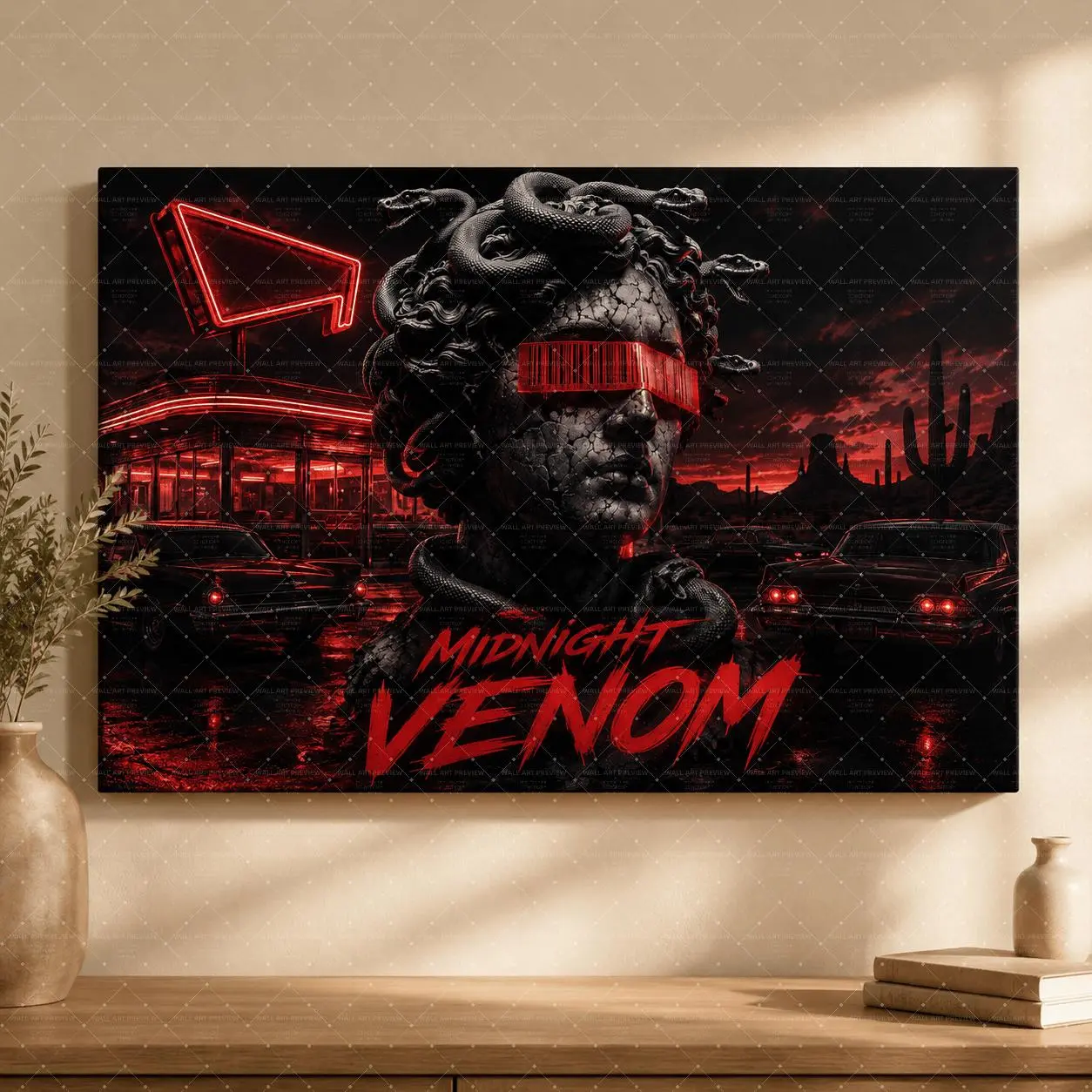 Midnight Venom Medusa Neon Red Canvas Wall Art, Dark Aesthetic Street Art Poster, Retro Diner & Desert Print, Edgy Gothic Home Decor, Gaming Room & Bedroom Wall Art, Unique Gift,wall decor,poster.