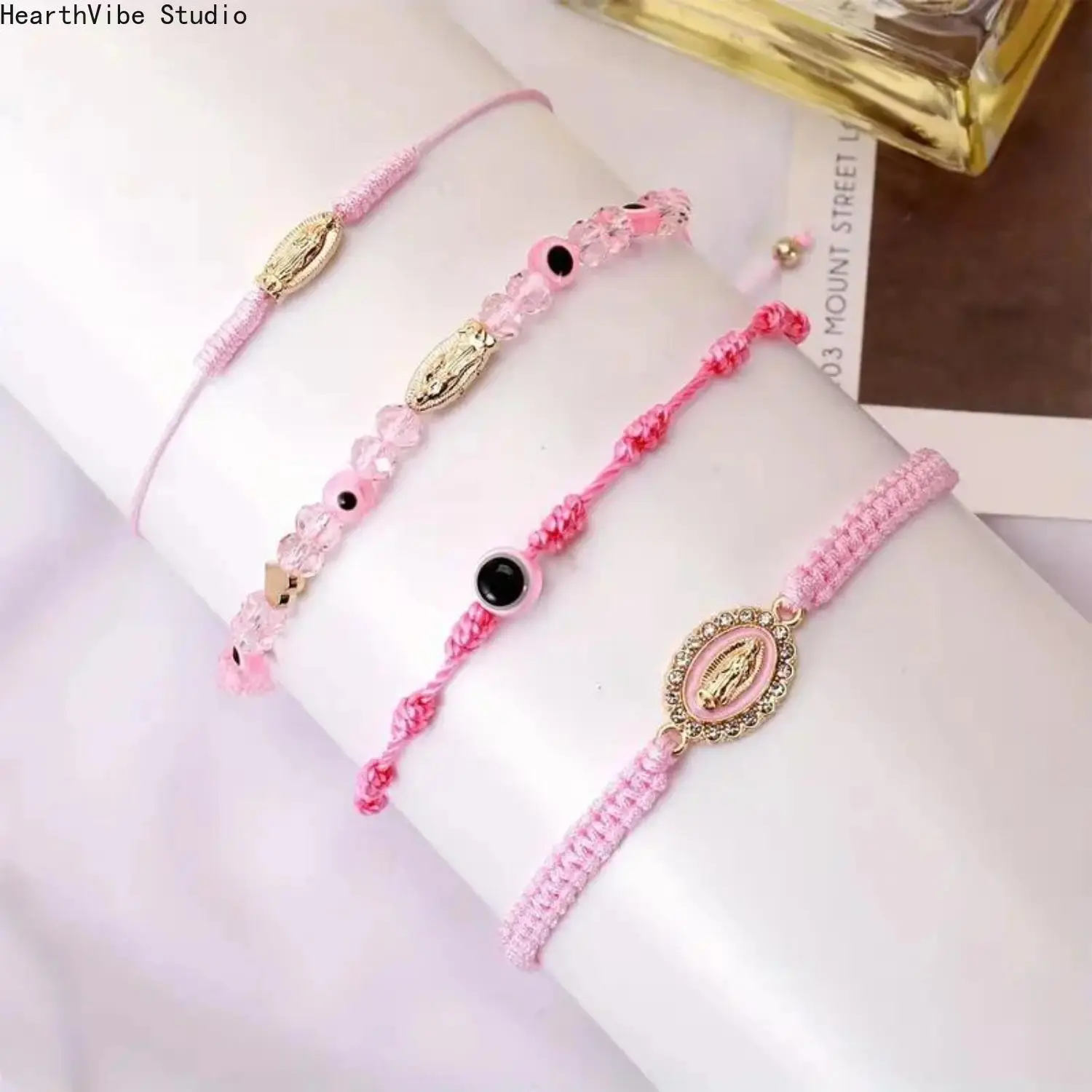 4-Pcs Ethnic Mexican Style Jewelry Set - Male & Female Polyester Fiber Braided Sports Wristbands, Lucky Red String Bracelets with Evil Eye, Heart, San Judas, Virgin Mary Amulets, Couple Gift, Bracelet Sets, Matching Sets