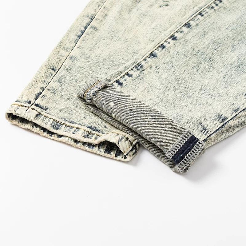 YYK Brand: Street-Style Distressed, Skinny-Fit Stretch Jeans-Featuring Patches, Embroidery, and a Vintage Denim Aesthetic-Showcasing Casual and Fitness-Inspired Styling